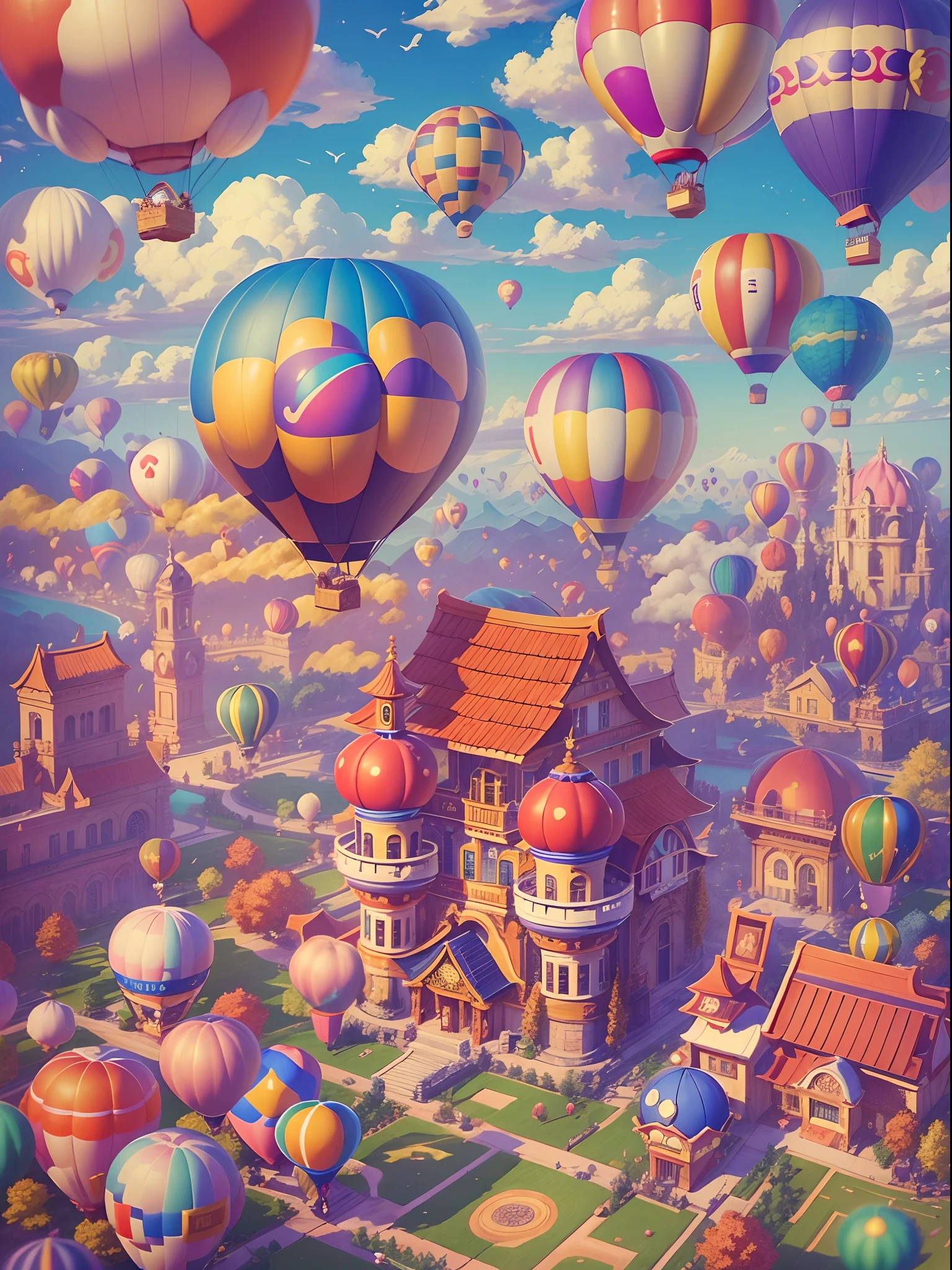 In a brilliant and colorful sky，A giant hot air balloon floats slowly。This hot air balloon look is completely inspired by the world of the Super Mario game，Decorate with Mario、Luigi、Iconic motifs such as mushrooms and gold coins。The hot air balloon itself takes on a vivid red and blue hue，Present vivid visuals。Its base is decorated with elements of a classic Mario background，Such as grass、clouds and water pipes。The basket of the hot air balloon is made up of blocks from the Mario series，Each square displays a different pattern and color，Create a pixelated feel。In the cabin of a hot air balloon，There is a transparent dome，Passengers can enjoy stunning 360-degree views。There is also a small roof at the top of the dome，The shape resembles a mushroom，It's like jumping out of the game world。The roof is inlaid with lamps in the shape of gold coins，At night，Shimmering with a warm and soft glow。The hot air balloon rises slowly，Wander in the vast blue sky and white clouds。The sun shines on the clouds，A breeze blows the hot air balloon，It gives a feeling of lightness。Cute birds fly in the surrounding sky，It also seemed to be mesmerized by this wonderful sight。 in distance，You can see a splendid and colorful city，The architecture of the city is decorated with motifs from the Super Mario collection，Add fairytale magic to the whole scene。Pedestrians hurried through city streets，Vehicles weave through it，Soft clouds and brightly colored RGB color palettes, (Ghibli-like colors, Cinematic lighting, first person perspective, angle of view, in a panoramic view, Ultra-wide angle, hyper HD, Anatomically correct, Masterpiece, ccurate, Award-Awarded, Best quality)