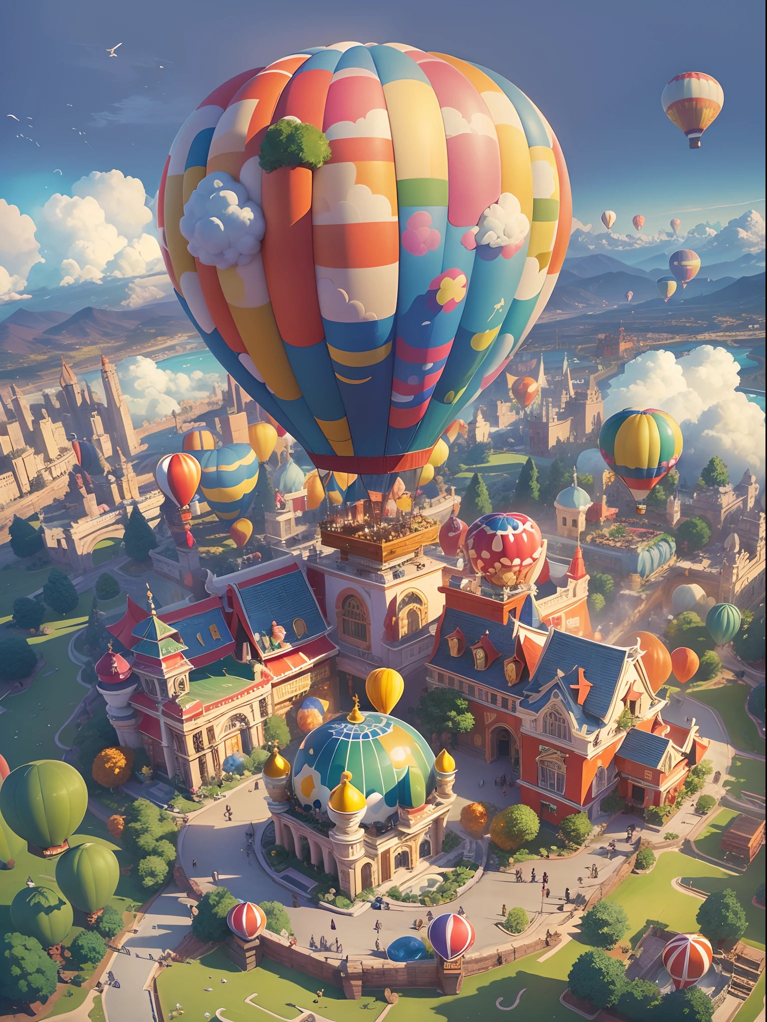 In a brilliant and colorful sky，A giant hot air balloon floats slowly。This hot air balloon look is completely inspired by the world of the Super Mario game，Decorate with Mario、Luigi、Iconic motifs such as mushrooms and gold coins。The hot air balloon itself takes on a vivid red and blue hue，Present vivid visuals。Its base is decorated with elements of a classic Mario background，Such as grass、clouds and water pipes。The basket of the hot air balloon is made up of blocks from the Mario series，Each square displays a different pattern and color，Create a pixelated feel。In the cabin of a hot air balloon，There is a transparent dome，Passengers can enjoy stunning 360-degree views。There is also a small roof at the top of the dome，The shape resembles a mushroom，It's like jumping out of the game world。The roof is inlaid with lamps in the shape of gold coins，At night，Shimmering with a warm and soft glow。The hot air balloon rises slowly，Wander in the vast blue sky and white clouds。The sun shines on the clouds，A breeze blows the hot air balloon，It gives a feeling of lightness。Cute birds fly in the surrounding sky，It also seemed to be mesmerized by this wonderful sight。 in distance，You can see a splendid and colorful city，The architecture of the city is decorated with motifs from the Super Mario collection，Add fairytale magic to the whole scene。Pedestrians hurried through city streets，Vehicles weave through it，Soft clouds and brightly colored RGB color palettes, (Ghibli-like colors, Cinematic lighting, first person perspective, angle of view, in a panoramic view, Ultra-wide angle, hyper HD, Anatomically correct, Masterpiece, ccurate, Award-Awarded, Best quality)