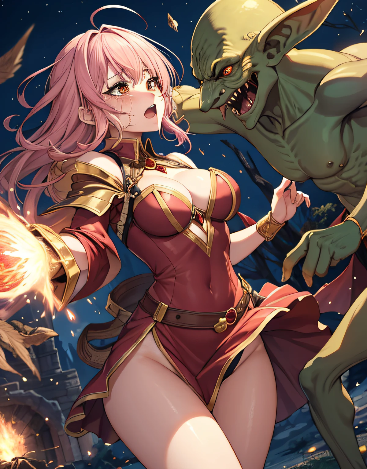 1 mature female,25yo,(female wizard surrounded and attacked by multiple goblins during a battle),goblin,monster,(red blush,crying),((gorgeous wizard dress)),(attacking magic),dynamic pose,dynamic angle,micro panties