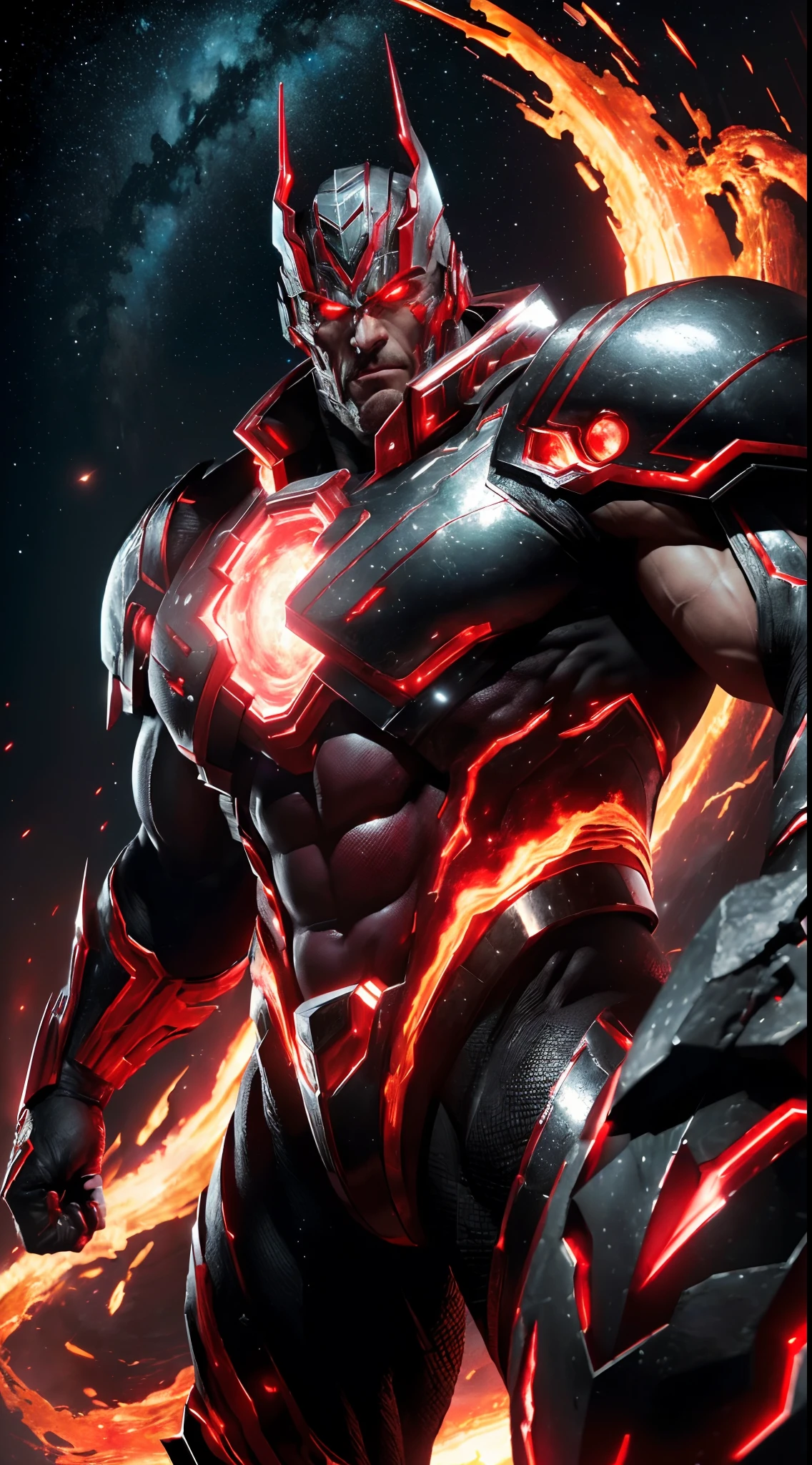 ((masterpiece)), ((8k resolution)), ((a  male super villian)), huge, metallic, red eyes, in space planet, muscular, strong, (((4k))), ((((highly detailed)))), strong, aura, glow, neon, fire, destruction, weapons, crystals