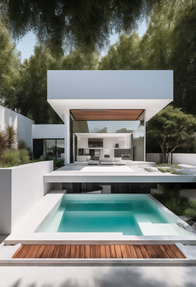 a modern minimal white dublex house, exterior, material wood, glass, concrete, water in the pool, with pool in yard, a lux car in the yard