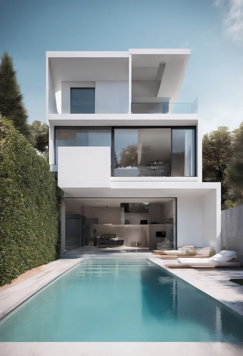 a modern minimal white dublex house, exterior, material wood, glass, concrete, water in the pool, with pool in yard, a lux car in the yard