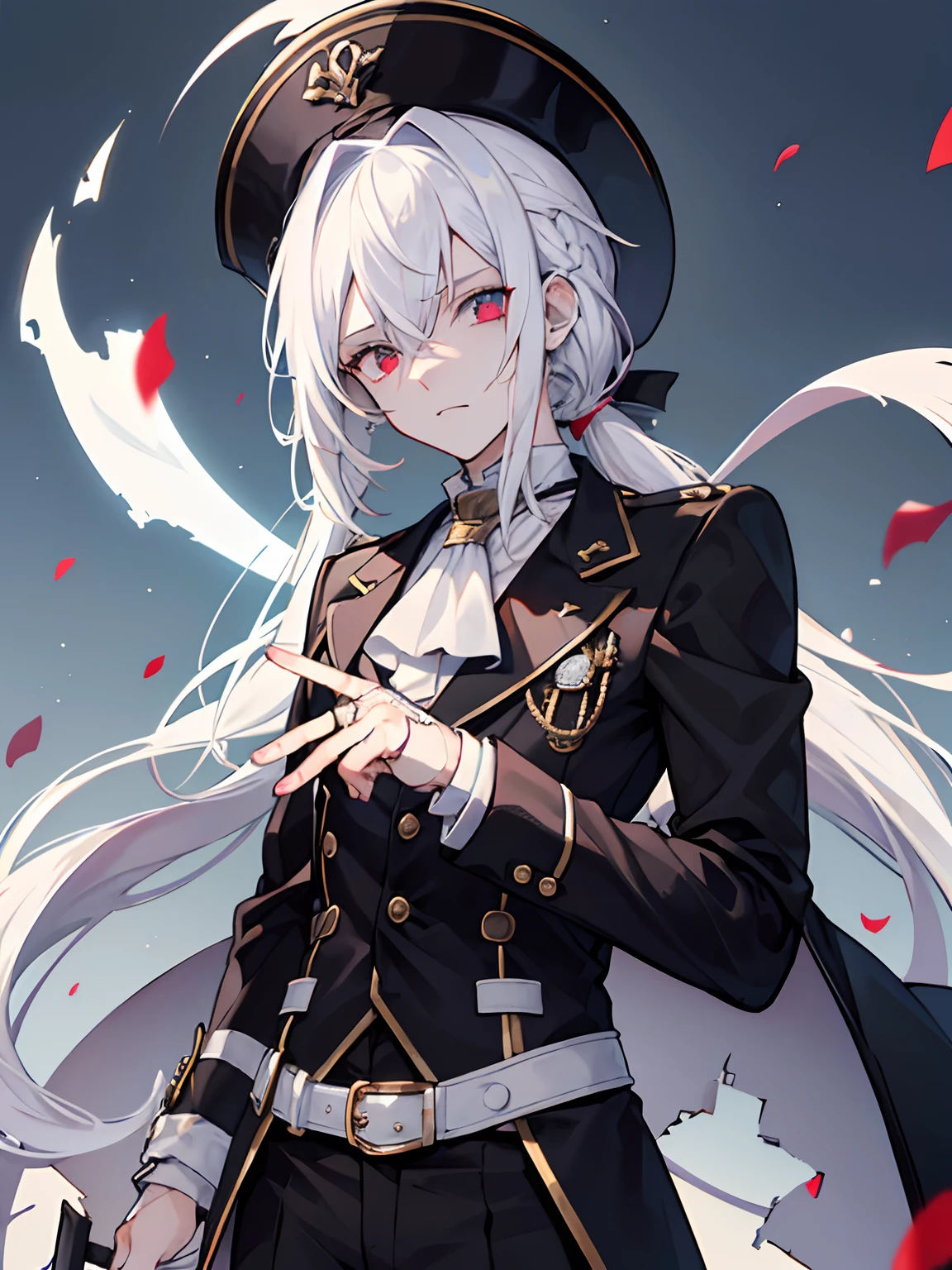 male in his 20s、white  hair、poneyTail、tailcoat、Hats、Injured、Clothes are slightly torn、Somewhat bloody、bandaged、grim facial expression、Heavy atmosphere