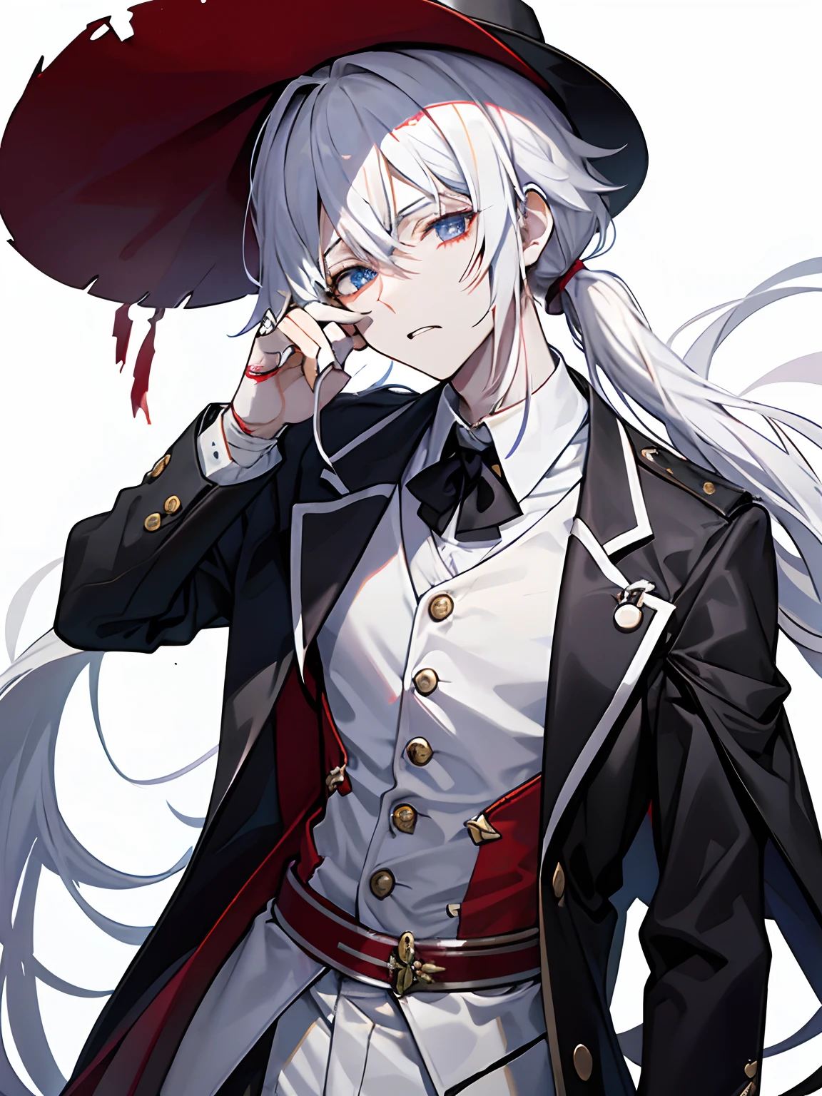 male in his 20s、white  hair、poneyTail、tailcoat、Hats、Injured、Clothes are slightly torn、Somewhat bloody、bandaged、grim facial expression、Heavy atmosphere