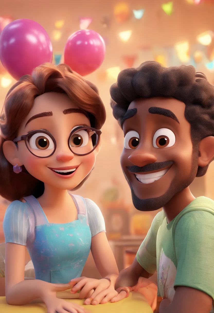 Estilo Disney Pixar, casal, homem negro e mulher branca, Woman with glasses wavy hair up to shoulder, Man with short curly hair without glasses, sorrindo, at a birthday party.