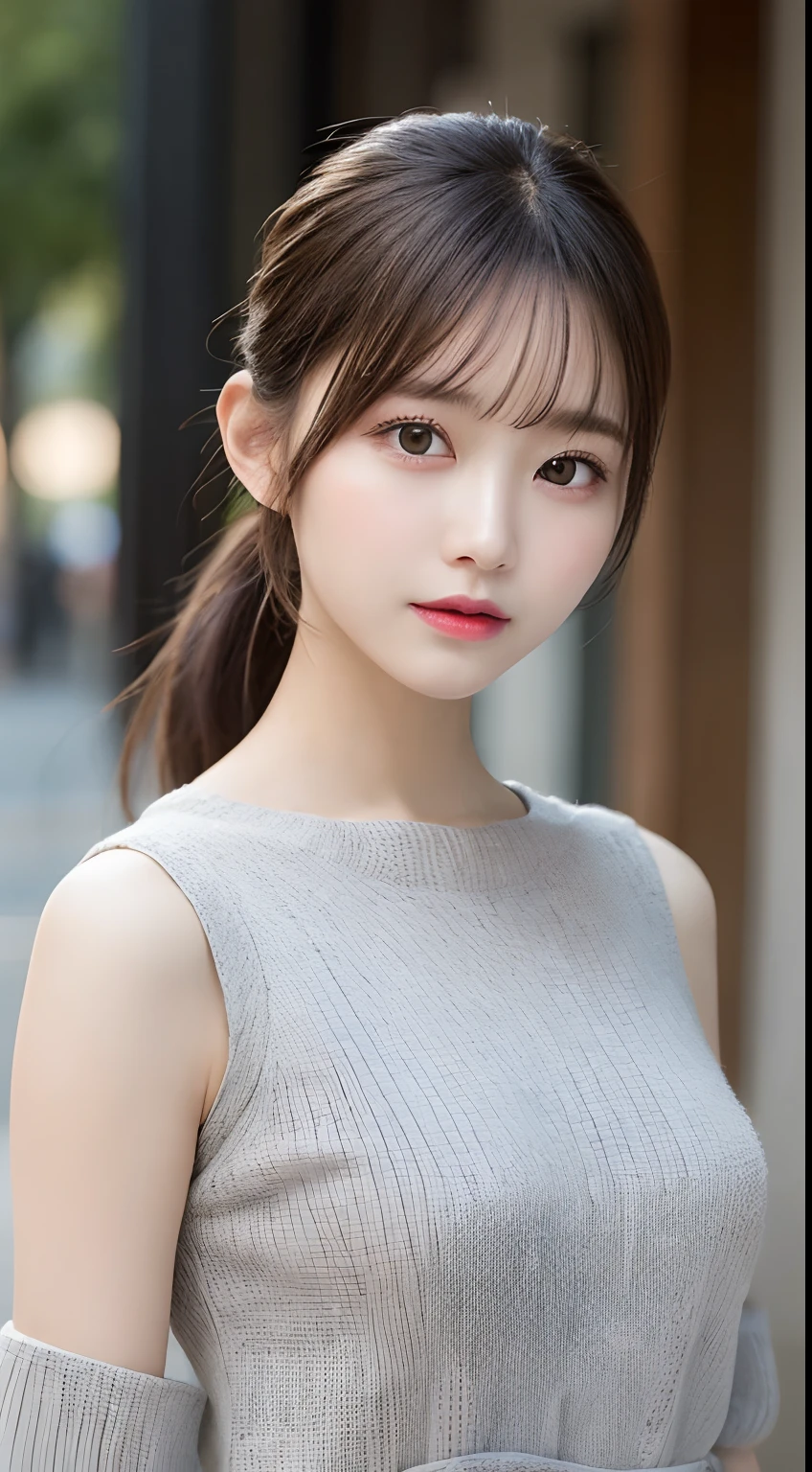 finely detail, hight resolution, hightquality、Perfect dynamic composition, Beautiful detailed eyes, Medium Hair, small tits、Natural Color Lip,Kamimei、Shibuya、20 years girl、1 persons、Transparent skin、Glowing hair、masutepiece, Best Quality, Illustration, Ultra-detailed, finely detail, hight resolution, 8K、The correct state of the human body、Randomly cute poses,Ponytail hair,beauty legs,Perfect beautiful face,KPOP Idol Face,Face that feels ecstasy,Pale light grey knitted dress,Background blur,Randomly dress up as a model for a women's fashion magazine