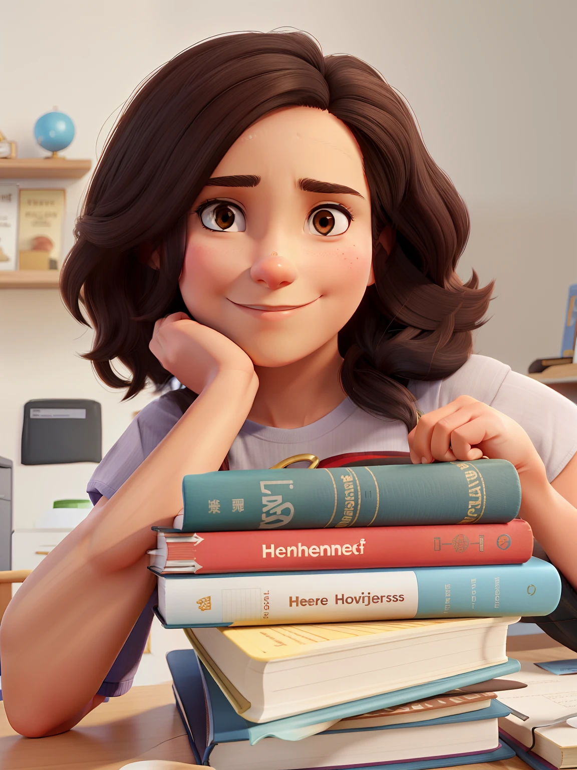 A 39-year-old woman with fair skin with straight hair, dark brown, medium size , with one hand resting on the chin and the other on some books.