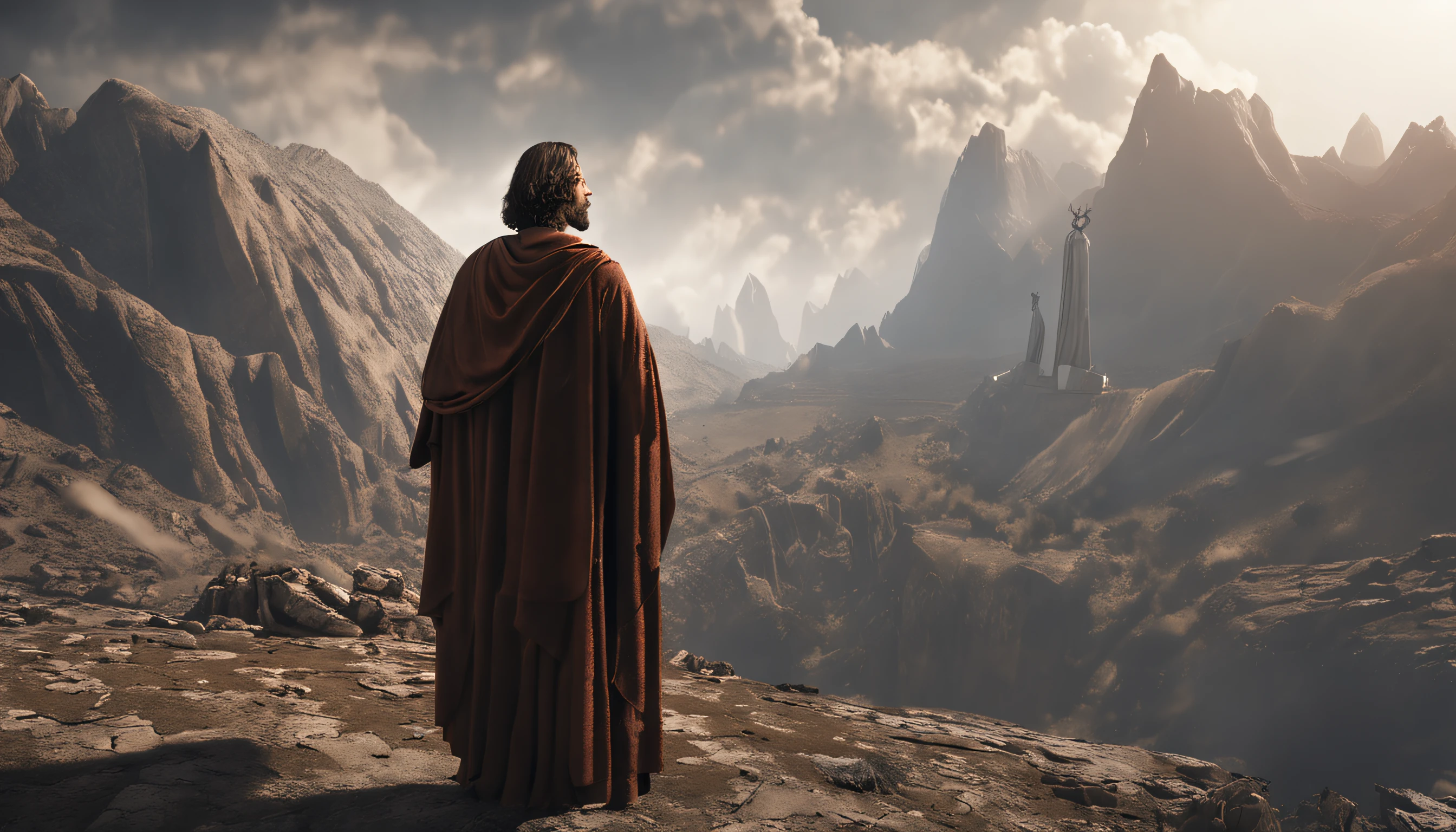 (Professional 3D Rendering: 1.3) by (Realistic: 1.3) World's Most Beautiful Art Picture,Jesus Christ, Resurrection, Mountain Gate, , Ascending to Heaven, Disciples Looking On, Features soft and shining male heroes, ((Jesus Christ, epic hero costume man in rough coat compassionate hero look long hair short beard and fierce expression in dynamic pose, Resurrection, rising to heaven, fantastic location, majestic disordered environment)), full body 8k unity render, action shot, pores of the skin, very dark lighting, heavy shading, detailed, Detailed face, (vibrant, photorealistic, Realistic, Dramatic, Dark, sharp focus, 8k), (Old leather clothes damaged by bad weather:1.4), ((((Use skins)))), (intricate:1.4 ), decadent, (highly detailed:1.4), digital painting, rendering by octane, art station, Concept-Art, smooth, sharp focus, illustration, art germ, (Loish:0.23 ), Wlop Ilya Kuvshinov, and Greg Rutkowski and Alphonse Mucha Gracias, (global illumination, studiolight, Light Volumetric), rain, floating