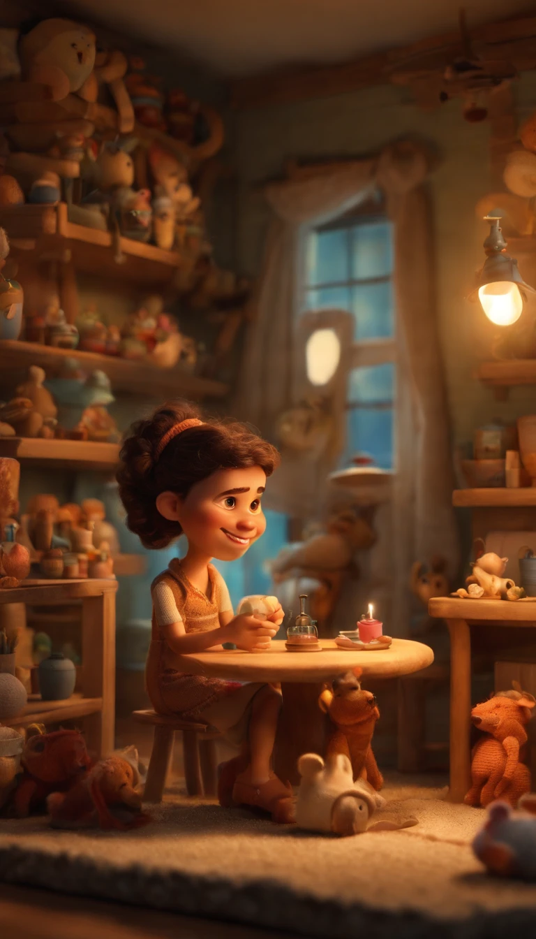 Create a Disney PIXAR-style 3D poster with a family theme. No centro da imagem dois filhos , 1 no lado direito e 1 meninaado esquerdo , They are holding crochet threads, O menino tem para e cabelos castanhos claro e liso e olhos mel, 1 menina tem pele cllhos castanho e cabelos claro e liso,The mother in the middle of the image Light skin, long dark brown hair, wide smile, braces on her teeth, brown eyes, chubby girl with an amigurumi in her hands, , tudo isso no estilo Disney PIXAR 3D, In the background, a crochet atelier, The atelier is full of amigurumi, material de croche, estilo de design cartunesco, POP Mart, soft lighting, linhas suaves, Spring tilt, detailed science fiction illustrations, Detalhes hiper-realistas, cor quente no estilo Disney PIXAR 3D