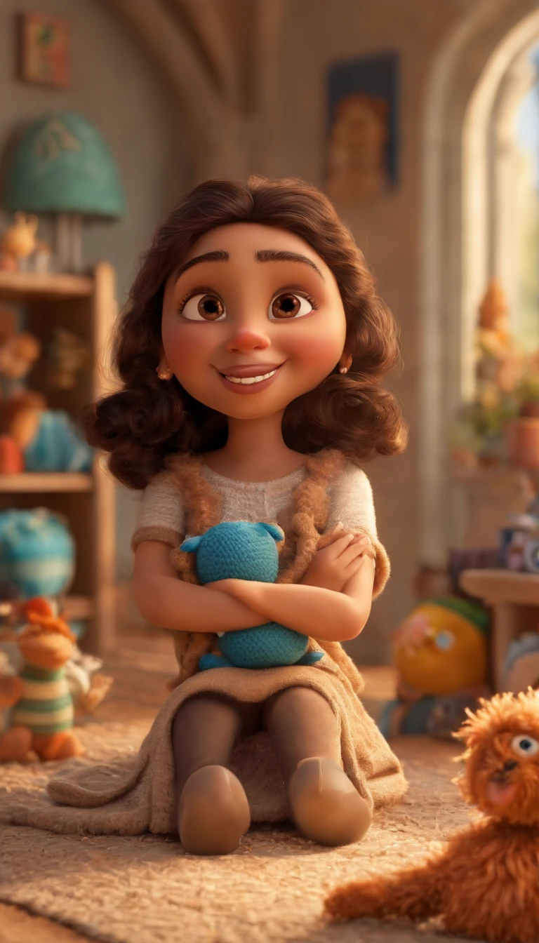 Create a Disney PIXAR-style 3D poster with a family theme. No centro da imagem dois filhos , 1 no lado direito e 1 meninaado esquerdo , They are holding crochet threads, O menino tem para e cabelos castanhos claro e liso e olhos mel, 1 menina tem pele cllhos castanho e cabelos claro e liso,The mother in the middle of the image Light skin, long dark brown hair, wide smile, braces on her teeth, brown eyes, chubby girl with an amigurumi in her hands, , tudo isso no estilo Disney PIXAR 3D, In the background, a crochet atelier, The atelier is full of amigurumi, material de croche, estilo de design cartunesco, POP Mart, soft lighting, linhas suaves, Spring tilt, detailed science fiction illustrations, Detalhes hiper-realistas, cor quente no estilo Disney PIXAR 3D