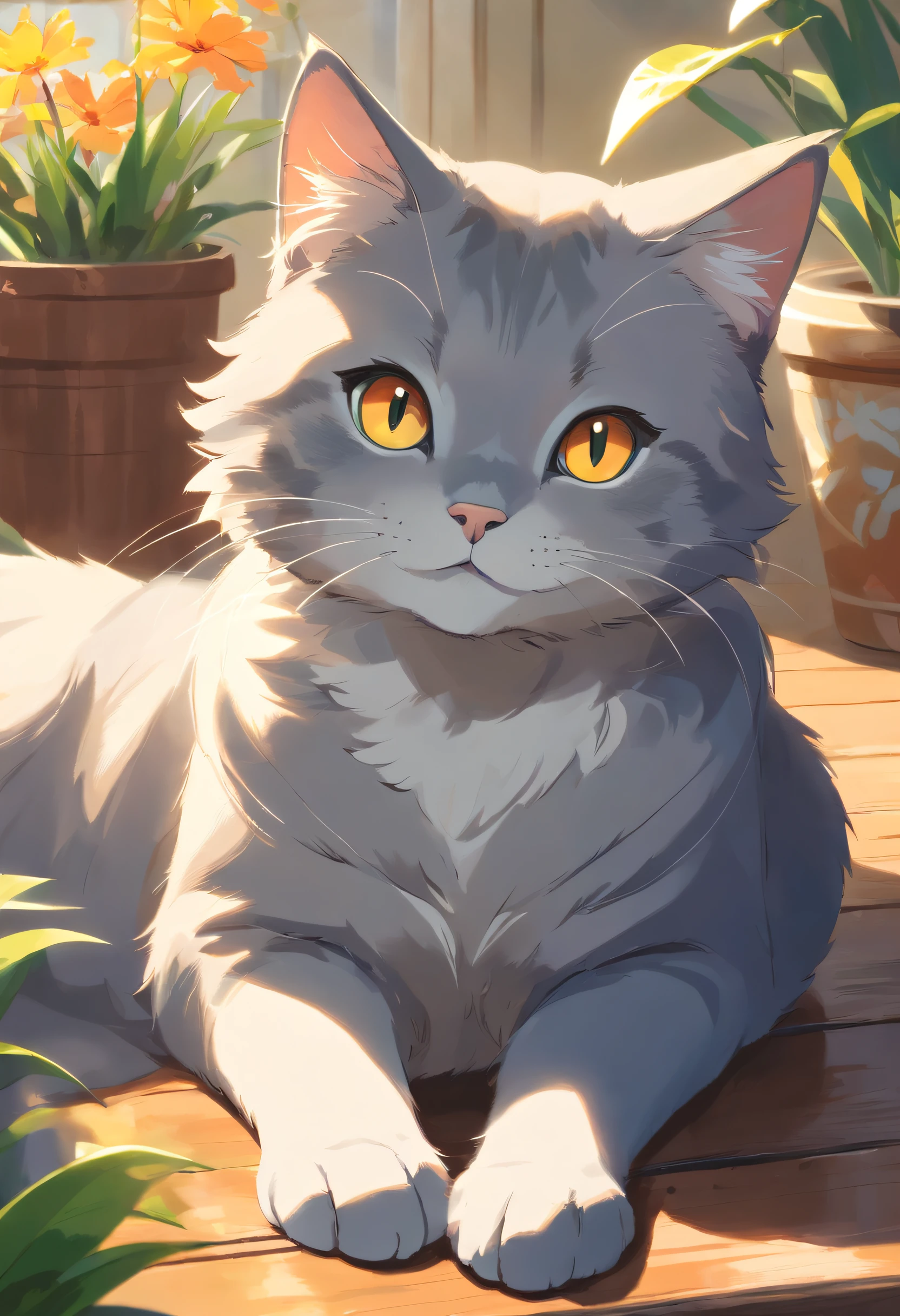 A dark grey short haired british cat, detailed bright orange eyes, sitting in a sunlit room, surrounded by colorful flowers. Soft, warm lighting illuminates the scene, highlighting the cat's delicate features. The cat is peacefully resting on home wooden table, its tail gently curled around its paws. The garden is lush and vibrant, filled with tall grass and blooming plants of various colors. The cat's fur has a soft and glossy texture, with subtle variations in shades of grey and tan. The eyes are a striking combination of green and yellow, with intricate patterns that reflect the sunlight. The overall image quality is of the highest standard, with ultra-detailed fur and realistic textures. The colors are vivid and harmonious, with a mix of pastel tones and vibrant hues. The cat is smiling and looking into the camera.