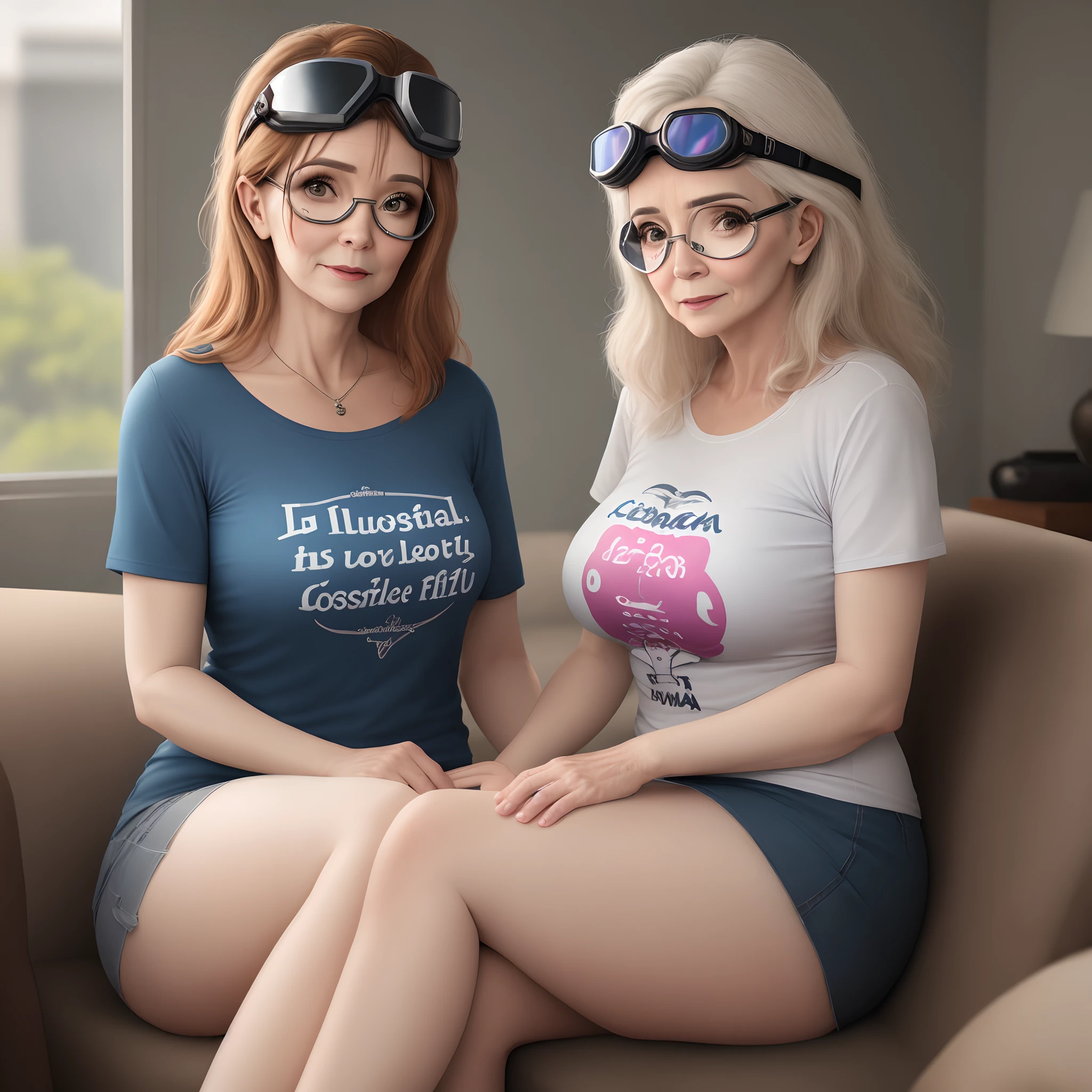 Criar uma mulher de 45 anos, branca, cabelos curtos castanhos, olhos castanhos, wearing goggles, com blusa florida, em um atelie de costura, com uma maquina de costura