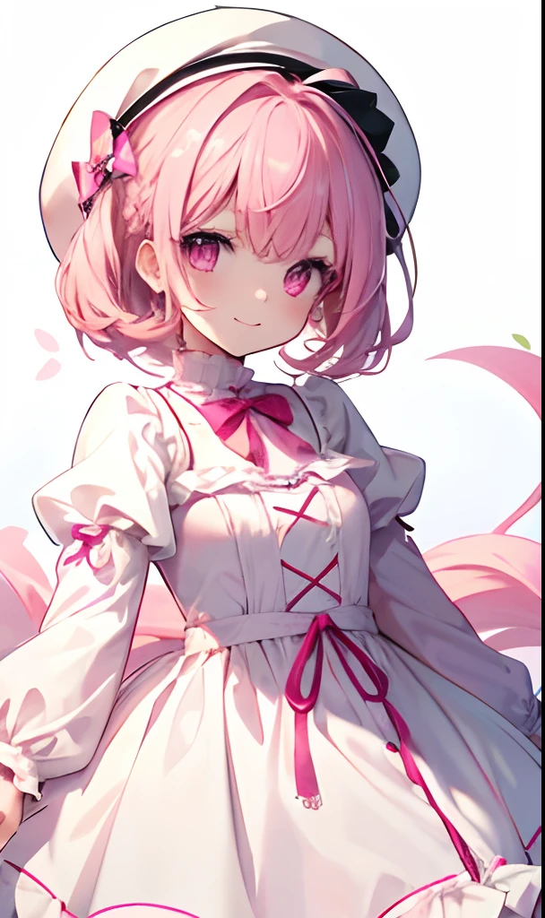girl with、without background、Through Background、best qualtiy, 4K, 8K,Pink hair、short-cut、Pink eyes、Pink eyes、White cap、White Long Sleeve Dress、Lolita Fashion、childish、kawaii、Smiling、without background