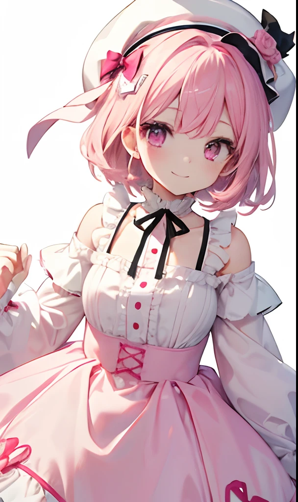 girl with、without background、Through Background、best qualtiy, 4K, 8K,Pink hair、short-cut、Pink eyes、Pink eyes、White cap、White Long Sleeve Dress、ta Fashion、childish、kawaii、Smiling、without background
