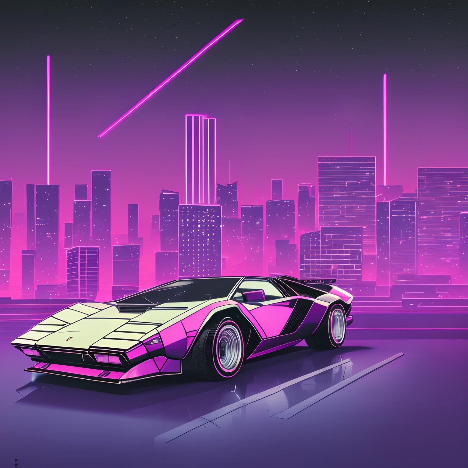 retrowave. 1982 lamborghini countach 500 S model on the road road,  purple neon lights, sun, mountain, 
(masterpiece,detailed,highres), (nvinkpunk: 1.2) supercarro, solo, estilo snthwve, onda de luz, sun sunset, intrincada, altamente detalhada