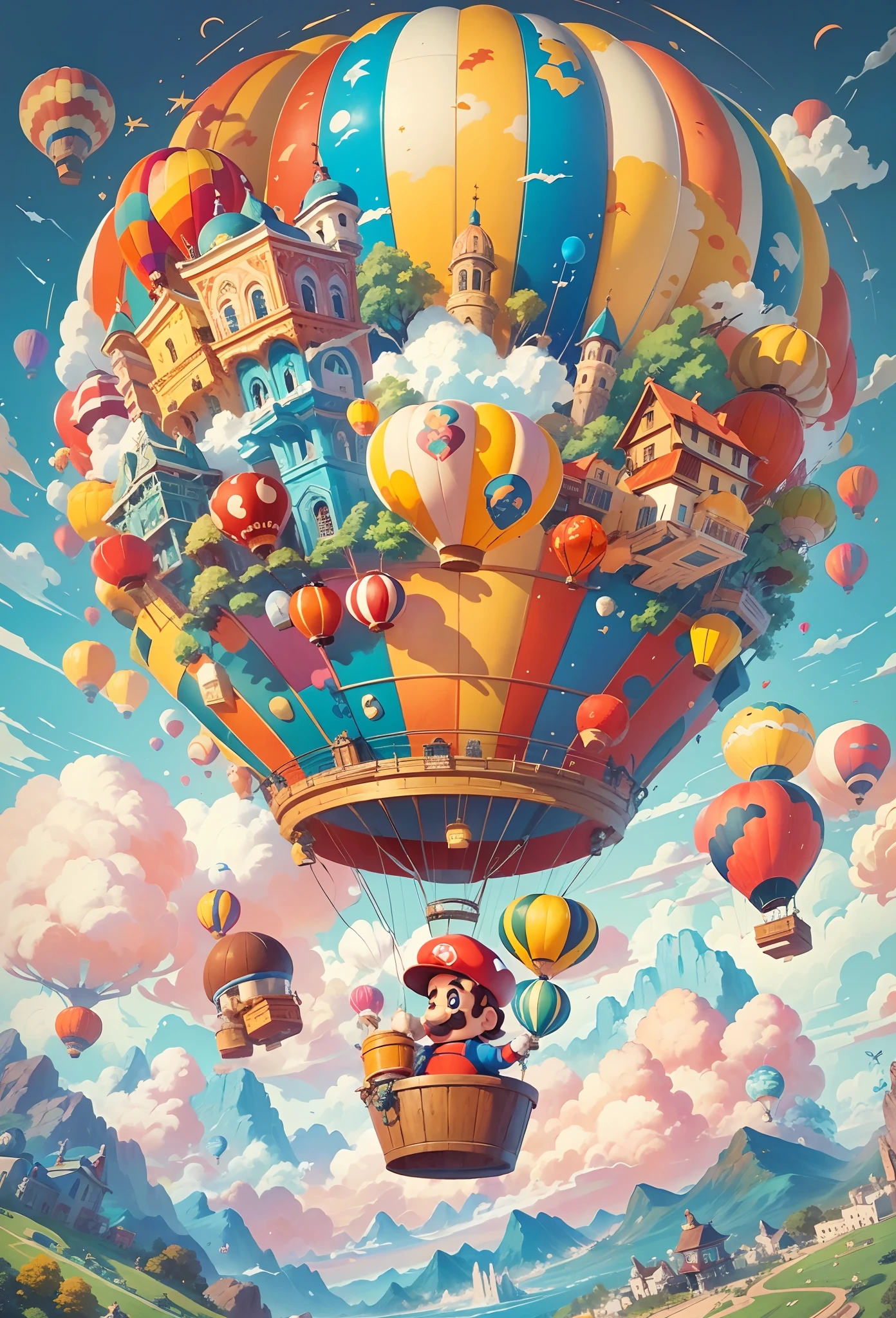 In a brilliant and colorful sky，A giant hot air balloon floats slowly。This hot air balloon look is completely inspired by the world of the Super Mario game，Decorate with Mario、Luigi、Iconic motifs such as mushrooms and gold coins。The hot air balloon itself takes on a vivid red and blue hue，Present vivid visuals。Its base is decorated with elements of a classic Mario background，Such as grass、clouds and water pipes。The basket of the hot air balloon is made up of blocks from the Mario series，Each square displays a different pattern and color，Create a pixelated feel。In the cabin of a hot air balloon，There is a transparent dome，Passengers can enjoy stunning 360-degree views。There is also a small roof at the top of the dome，The shape resembles a mushroom，It's like jumping out of the game world。The roof is inlaid with lamps in the shape of gold coins，At night，Shimmering with a warm and soft glow。The hot air balloon rises slowly，Wander in the vast blue sky and white clouds。The sun shines on the clouds，A breeze blows the hot air balloon，It gives a feeling of lightness。Cute birds fly in the surrounding sky，It also seemed to be mesmerized by this wonderful sight。 in distance，You can see a splendid and colorful city，The architecture of the city is decorated with motifs from the Super Mario collection，Add fairytale magic to the whole scene。Pedestrians hurried through city streets，Vehicles weave through it，Soft clouds and brightly colored RGB color palettes, (Ghibli-like colors, Cinematic lighting, first person perspective, angle of view, in a panoramic view, Ultra-wide angle, hyper HD, Anatomically correct, Masterpiece, ccurate, Award-Awarded, Best quality)