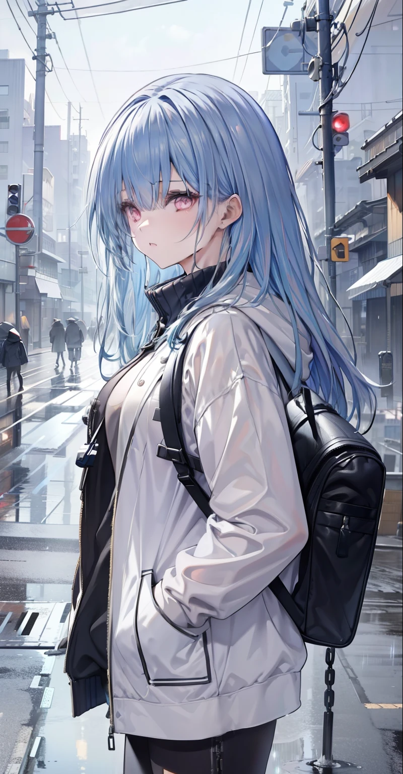 1girl, jacket, rain, outdoors, sweatshirt, open jacket, chain, backpack, looking at each other, messy hair, artstation trend, 8k resolution, highly detailed, anatomically correct, sharp image, digital painting, concept art, trend pixiv, styled by Makoto Shinkai,