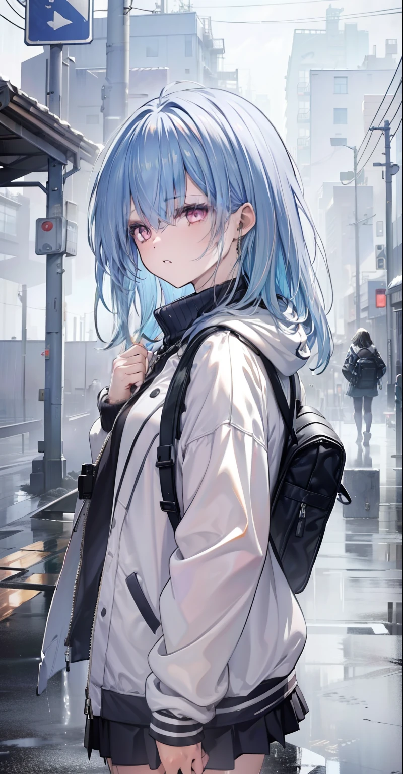 1girl, jacket, rain, outdoors, sweatshirt, open jacket, chain, backpack, looking at each other, messy hair, artstation trend, 8k resolution, highly detailed, anatomically correct, sharp image, digital painting, concept art, trend pixiv, styled by Makoto Shinkai,