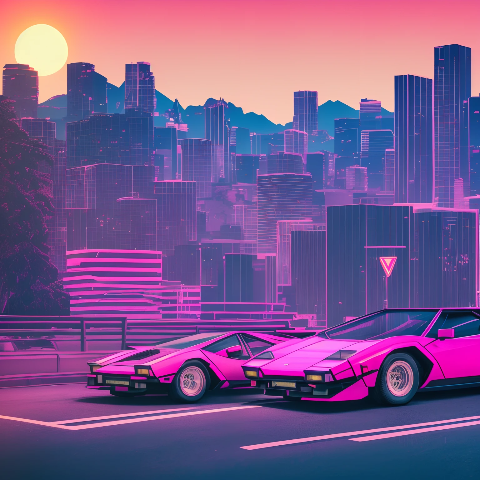 retrowave. 1982 lamborghini countach 500 S model on the road road,  purple neon lights, sun, mountain, 
(masterpiece,detailed,highres), (nvinkpunk: 1.2) supercarro, solo, estilo snthwve, onda de luz, sun sunset, intrincada, altamente detalhada