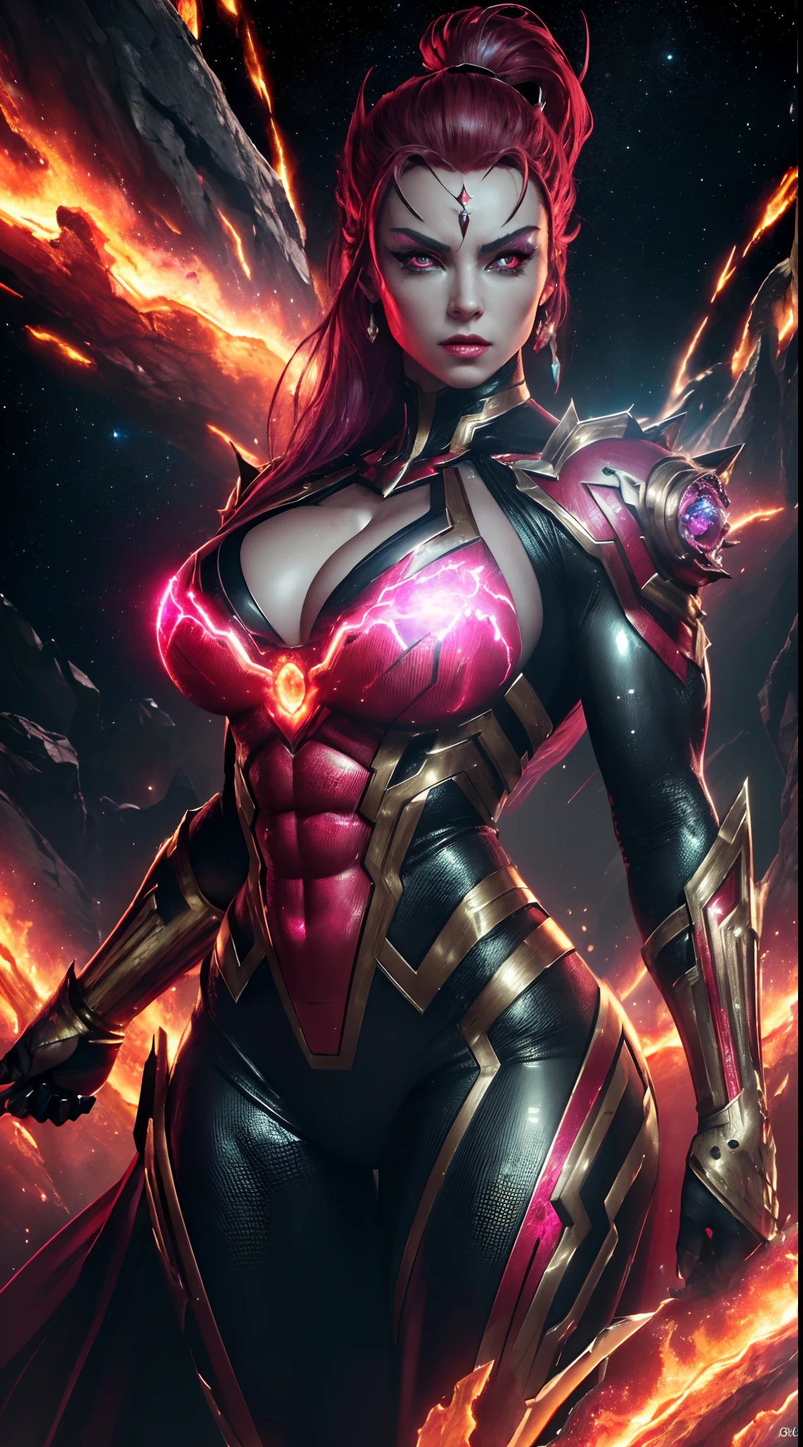 ((masterpiece)), ((8k resolution)), ((a  female super villian)), huge, metallic, red eyes, in space planet, muscular, strong, (((4k))), ((((highly detailed)))), strong, aura, glow, neon, fire, destruction, weapons, crystals