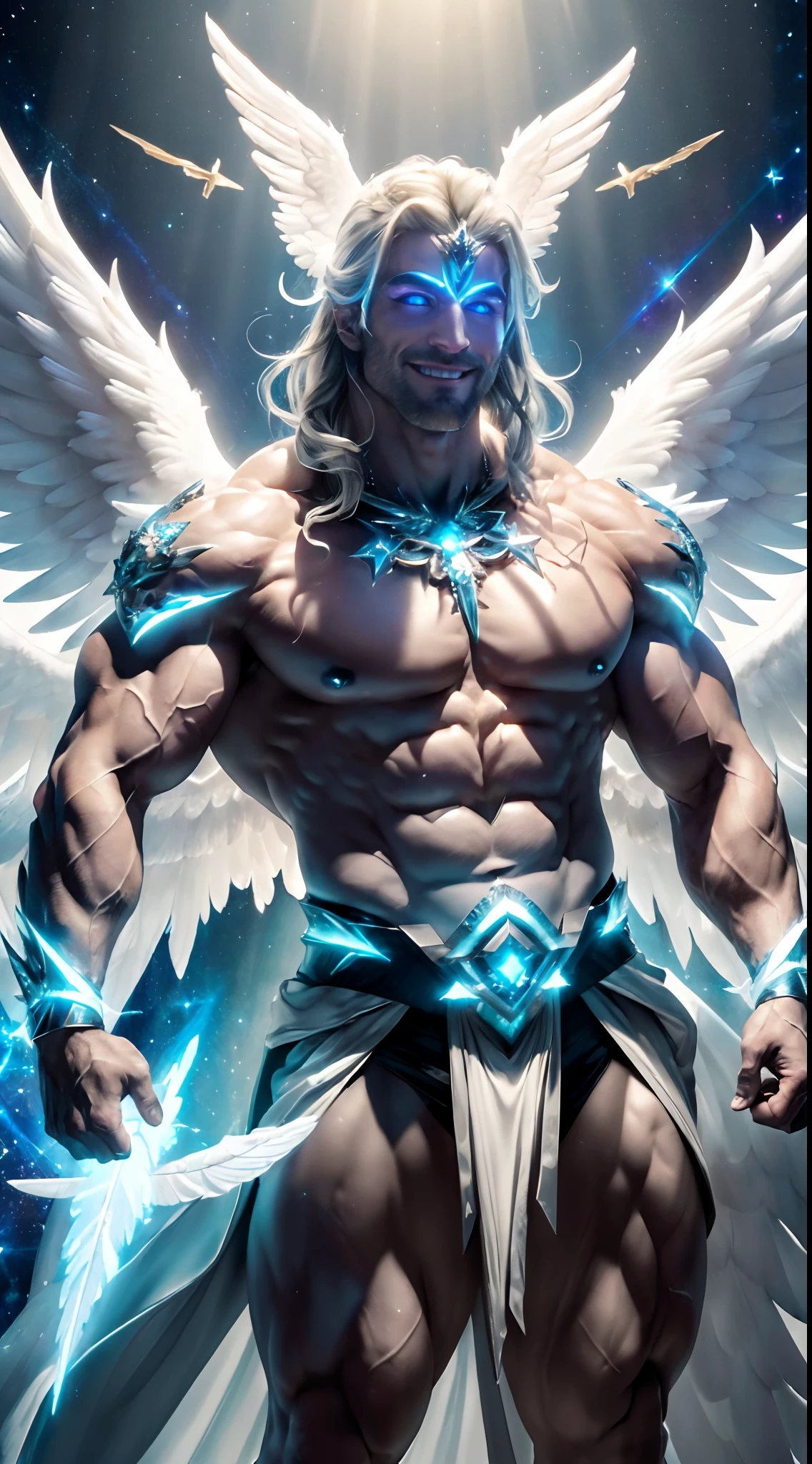 ((masterpiece)), ((8k resolution)), ((a  angelic super villian)), white eyes, in heaven, muscular, strong, (((4k))), ((((highly detailed)))), strong, aura, glow, crystals, posing, feathers, halo, full body view, smiling