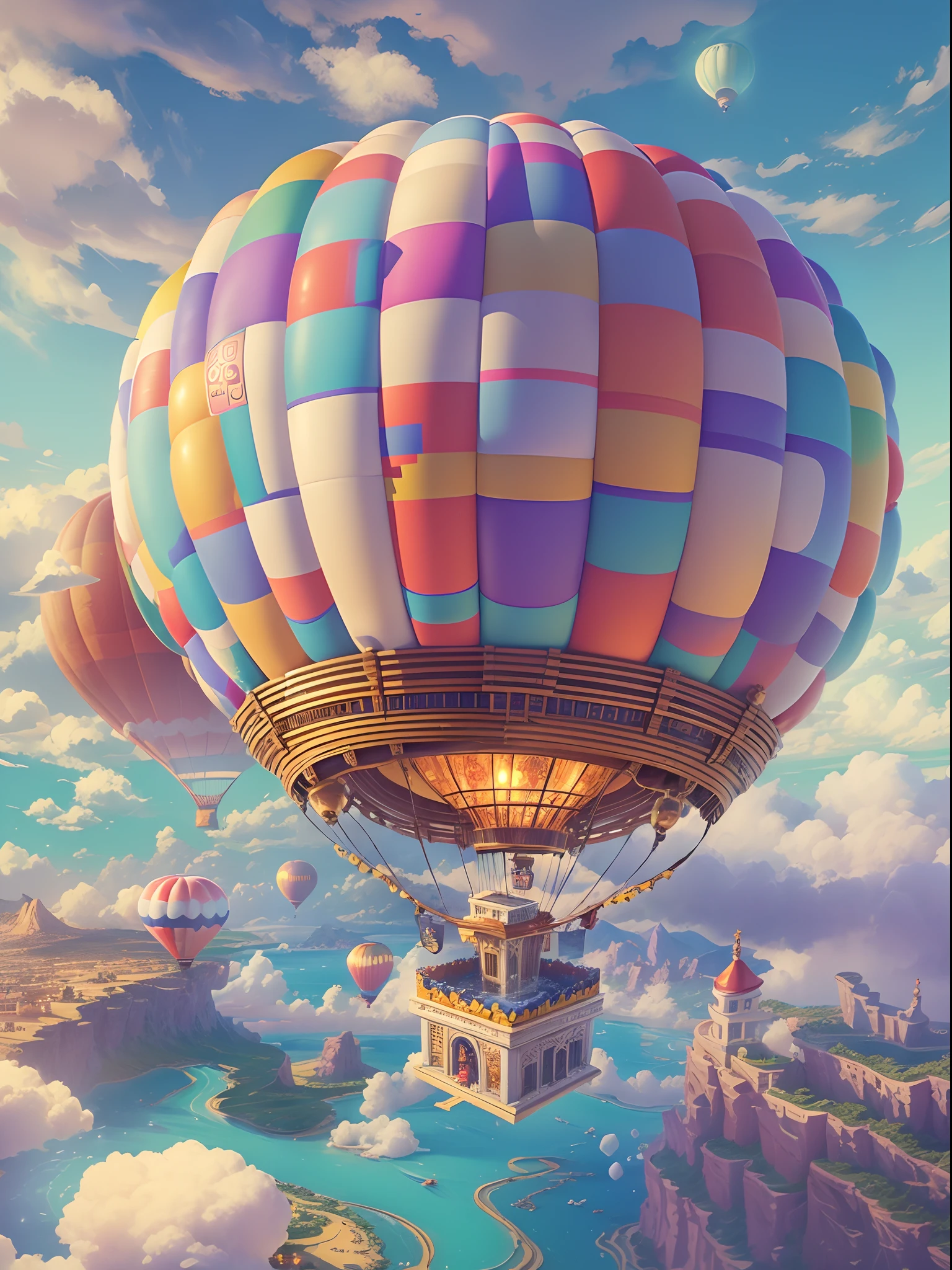 In a brilliant and colorful sky，A giant hot air balloon floats slowly。This hot air balloon look is completely inspired by the world of the Super Mario game，Decorate with Mario、Luigi、Iconic motifs such as mushrooms and gold coins。The hot air balloon itself takes on a vivid red and blue hue，Present vivid visuals。Its base is decorated with elements of a classic Mario background，Such as grass、clouds and water pipes。The basket of the hot air balloon is made up of blocks from the Mario series，Each square displays a different pattern and color，Create a pixelated feel。In the cabin of a hot air balloon，There is a transparent dome，Passengers can enjoy stunning 360-degree views。There is also a small roof at the top of the dome，The shape resembles a mushroom，It's like jumping out of the game world。The roof is inlaid with lamps in the shape of gold coins，At night，Shimmering with a warm and soft glow。The hot air balloon rises slowly，Walk through the vast expanse of blue sky and white clouds。The sun shines on the clouds，A breeze blows the hot air balloon，It gives a feeling of lightness。Cute birds fly in the surrounding sky，It also seems to be captivated by this wonderful sight。 in distance，You can see a splendid and colorful city，The architecture of the city is embellished with motifs from the Super Mario series，Add fairytale magic to the whole scene。Pedestrians rush through city streets，Vehicles weave through it，Soft clouds and brightly colored RGB color palettes, (Ghibli-like colors, Cinematic lighting, first person perspective, angle of view, in a panoramic view, Ultra-wide angle, hyper HD, Anatomically correct, Masterpiece, ccurate, Award-Awarded, Best quality)