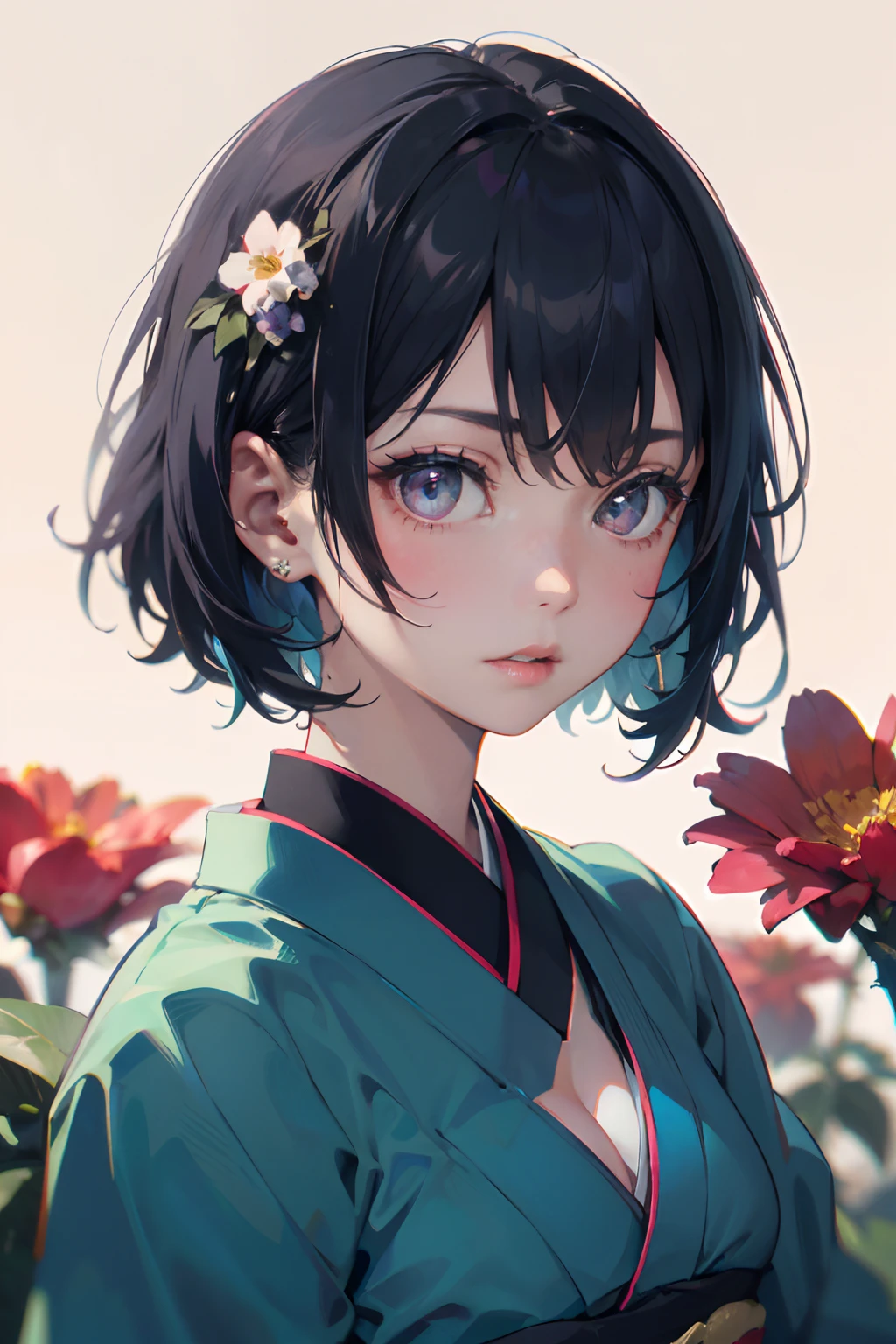 a 20 yo woman、Black blue Hair、Bery short hair、(hi-top fade:1.3)、dark themed、Muted Tones、Subdued Color、highly contrast、(natural skin textures、Hyper-Realism、Soft light、sharp) {{{{masterpiece}}}}, {{{hyper detailed}}}, {{{highres}}}, {{good anatomy}}, (((best quality))), ((an extremely delicate and beautiful)), {{an extremely detailed and delicate}}, {8k cg wallpaper}, {{illustration}}, (greyscale with colored background:0.8), (white and black background:1.1), (flowers:1.2), (chromatic aberration:1.2), mature female, (1girl:1), solo, oiran, (japanese clothes:1.2), (pale face:1.2), medium breasts, (cleavage:1.2), hiten1,