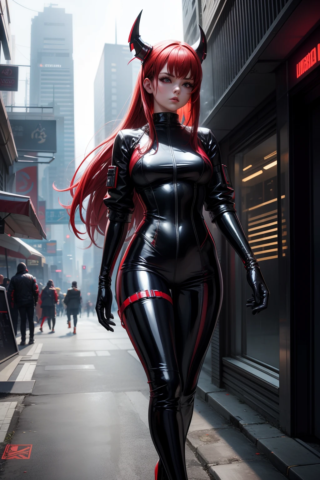 solo, super fine photo, portrait digital art Unreal Engine 5 8K UHD of a girl, concept art, character concept design, fetish clothing, rubber clothes, wearing red latex bodysuit with straps, long black latex gloves with straps, latex high heels, long pony style half black and half red hair, seducing face, cyberpunk fashion design, walking in futuristic city fantasy background, best quality, masterpiece, super detailed, sharp focus, female pose