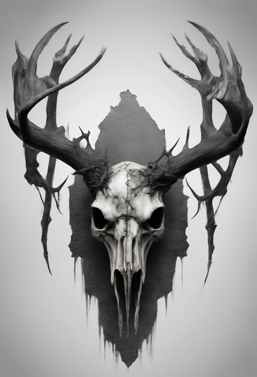 Moose skull with five eyes and four horns, hyper-realistic, artistic, tudo preto e branco