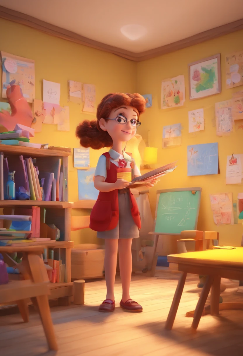 A 3D Disney Pixar Image animation of a doppelganger teacher with 06 drawing. Uma sala de aula.