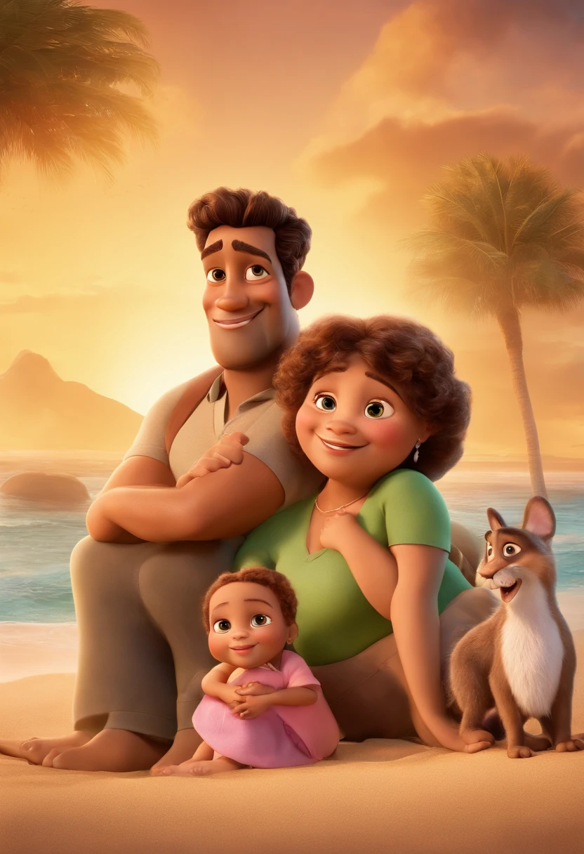 a Disney Pixar movie poster showing a family. The father is the tallest, negro. Tem barba curta, cabelos curtos e espinhosos. The mother has green eyes, cabelos castanhos, long and is slightly overweight. A menina tem 4 anos e cabelos castanhos, roupa rosa e cabelo cacheado. The background is a beach garden. 3D-rendering