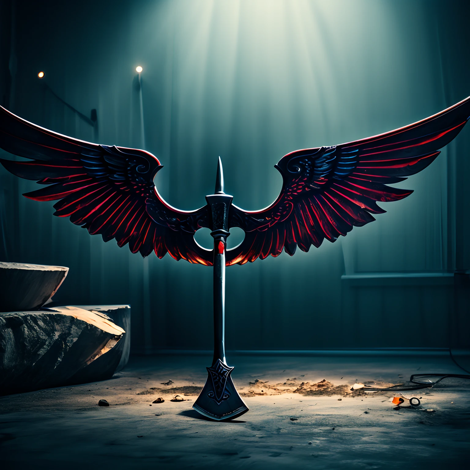 ,Metal axe with two majestic wings, LHL Writes in the Background, Couleurs vives, Surreal Lighting, dark atmosphere