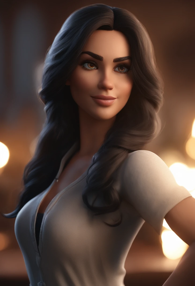 personagem dos desenhos animados de uma mulher com uma camisa preta, cabelos longos e castanhos sendo liso no couro cabeludo e andulado nas pontas, blue jeans, e sorridente, animation character, Caractere estilizado, animation style rendering, 3D estilizado, Arnold Maya render, 3 d render stylized, toon render keyshot, Personagem 3D, Personagem 3D, 3d rendering stylized, 3 d character render, personagem de desenho animado, Personagem de close up, Pose de personagem, (Estilo Pixar) (master part:1.2) (Bokeh) (best quality) (pele detalhada) (textura detalhada) (8k) (argila) (Cinematic lighting) (foco nítido