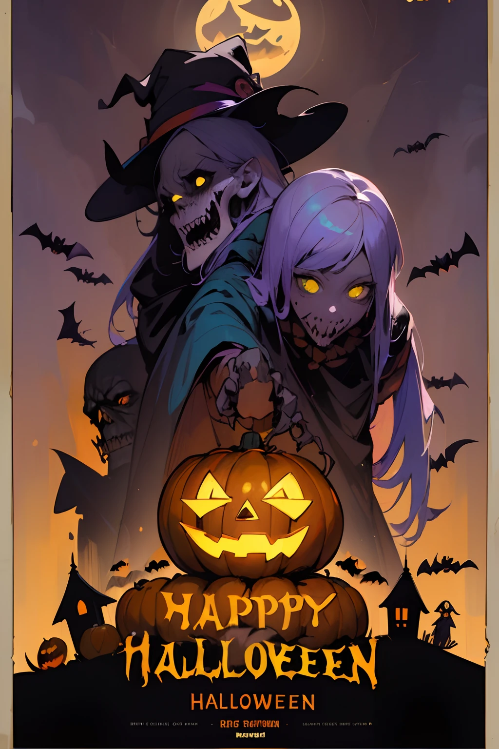 ((top-quality, masutepiece, Top image quality, 8K)), ((Perfect body, Beautiful face, Realistic mid-bust, Big ass)), (((Colorful color illustrations, Cinematic poster , The illustration has large letters "Happy halloween":1.3))), Against the backdrop of monsters and cute ghosts, There are : Vampire, Frankenstein's, mummy, Jack-o'-lantern, White Ghost, skeletal, a wizard, ghoul , Kobold, knight, zombie, owl, devil, werewolf, And the Grim Reaper. They are happily gathering, Backlight,