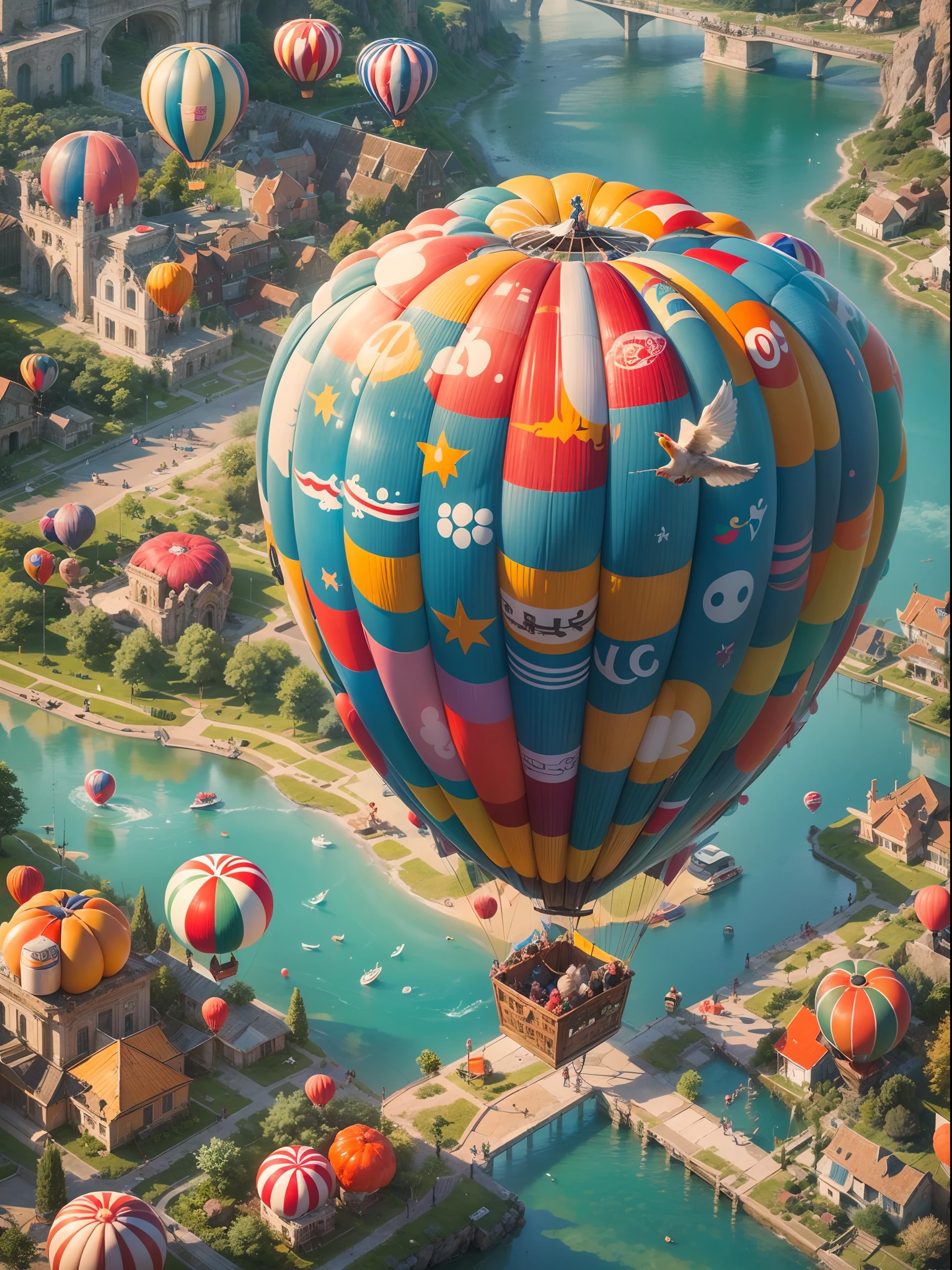 In a brilliant and colorful sky,A huge hot air balloon floats slowly。This hot air balloon look is completely inspired by the game world of Super Mario,Decorated with Mario、Luigi、Iconic motifs such as mushrooms and gold coins。The hot air balloon itself comes in a vivid red and blue hue,Presents a vibrant visual effect。Its base is adorned with elements of the classic Mario background,Such as grass、Clouds and water pipes。The basket of the hot air balloon is made up of blocks from the Mario series,Each square displays a different pattern and color,Creates a pixelated feel。In the cabin of a hot air balloon,There is a transparent dome,Passengers are able to enjoy a stunning 360-degree view。There is also a small roof on top of the dome,The shape resembles a mushroom,It's like jumping out of the game world。The roof is inlaid with lights in the shape of gold coins,At night,Shimmering with a warm and soft glow。The hot air balloon rises slowly,Drive through a wide blue sky and white clouds。The sun shines on the clouds,A gentle breeze blows the hot air balloon,It gives a feeling of lightness。Cute birds are flying in the surrounding sky,It seems to be captivated by this wonderful sight as well。 in distance,A splendid and colorful city can be seen,The buildings of the city are dotted with motifs from the Super Mario series,Adds a fairytale magic to the whole scene。Pedestrians rush on city streets,Vehicles weave through it,Soft clouds and brightly colored RGB color palettes, (Ghibli-like colors, Cinematic lighting, first person perspective, angle of view, in a panoramic view, Ultra-wide angle, hyper HD, Anatomically correct, Masterpiece, ccurate, Award-Awarded, Best quality)