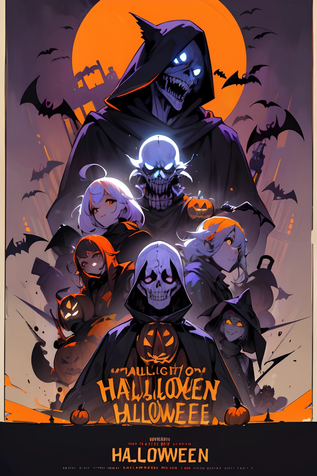 ((top-quality, masutepiece, Top image quality, 8K)), ((Perfect body, Beautiful face, Realistic mid-bust, Big ass)), (((Colorful color illustrations, Cinematic poster , The illustration has large letters "Happy halloween":1.3))), Against the backdrop of monsters and cute ghosts, There are : Vampire, Frankenstein's, mummy, Jack-o'-lantern, White Ghost, skeletal, a wizard, ghoul , Kobold, knight, zombie, owl, devil, werewolf, And the Grim Reaper. They are happily gathering, Backlight,