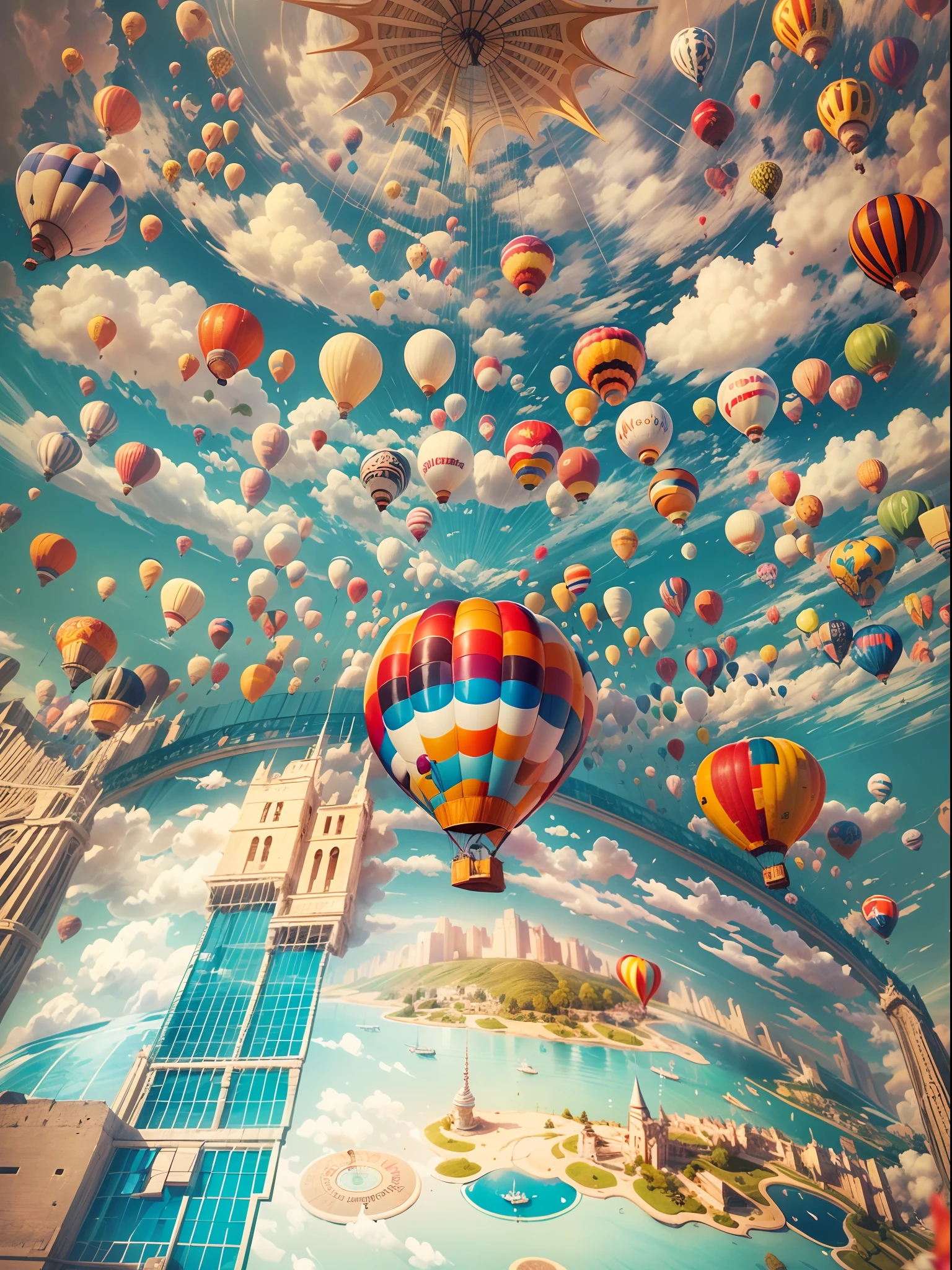 In a brilliant and colorful sky,A huge hot air balloon floats slowly。This hot air balloon look is completely inspired by the game world of Super Mario,Decorated with Mario、Luigi、Iconic motifs such as mushrooms and gold coins。The hot air balloon itself comes in a vivid red and blue hue,Presents a vibrant visual effect。Its base is adorned with elements of the classic Mario background,Such as grass、Clouds and water pipes。The basket of the hot air balloon is made up of blocks from the Mario series,Each square displays a different pattern and color,Creates a pixelated feel。In the cabin of a hot air balloon,There is a transparent dome,Passengers are able to enjoy a stunning 360-degree view。There is also a small roof on top of the dome,The shape resembles a mushroom,It's like jumping out of the game world。The roof is inlaid with lights in the shape of gold coins,At night,Shimmering with a warm and soft glow。The hot air balloon rises slowly,Drive through a wide blue sky and white clouds。The sun shines on the clouds,A gentle breeze blows the hot air balloon,It gives a feeling of lightness。Cute birds are flying in the surrounding sky,It seems to be captivated by this wonderful sight as well。 in distance,A splendid and colorful city can be seen,The buildings of the city are dotted with motifs from the Super Mario series,Adds a fairytale magic to the whole scene。Pedestrians rush on city streets,Vehicles weave through it,Soft clouds and brightly colored RGB color palettes, (Ghibli-like colors, Cinematic lighting, first person perspective, angle of view, in a panoramic view, Ultra-wide angle, hyper HD, Anatomically correct, Masterpiece, ccurate, Award-Awarded, Best quality)