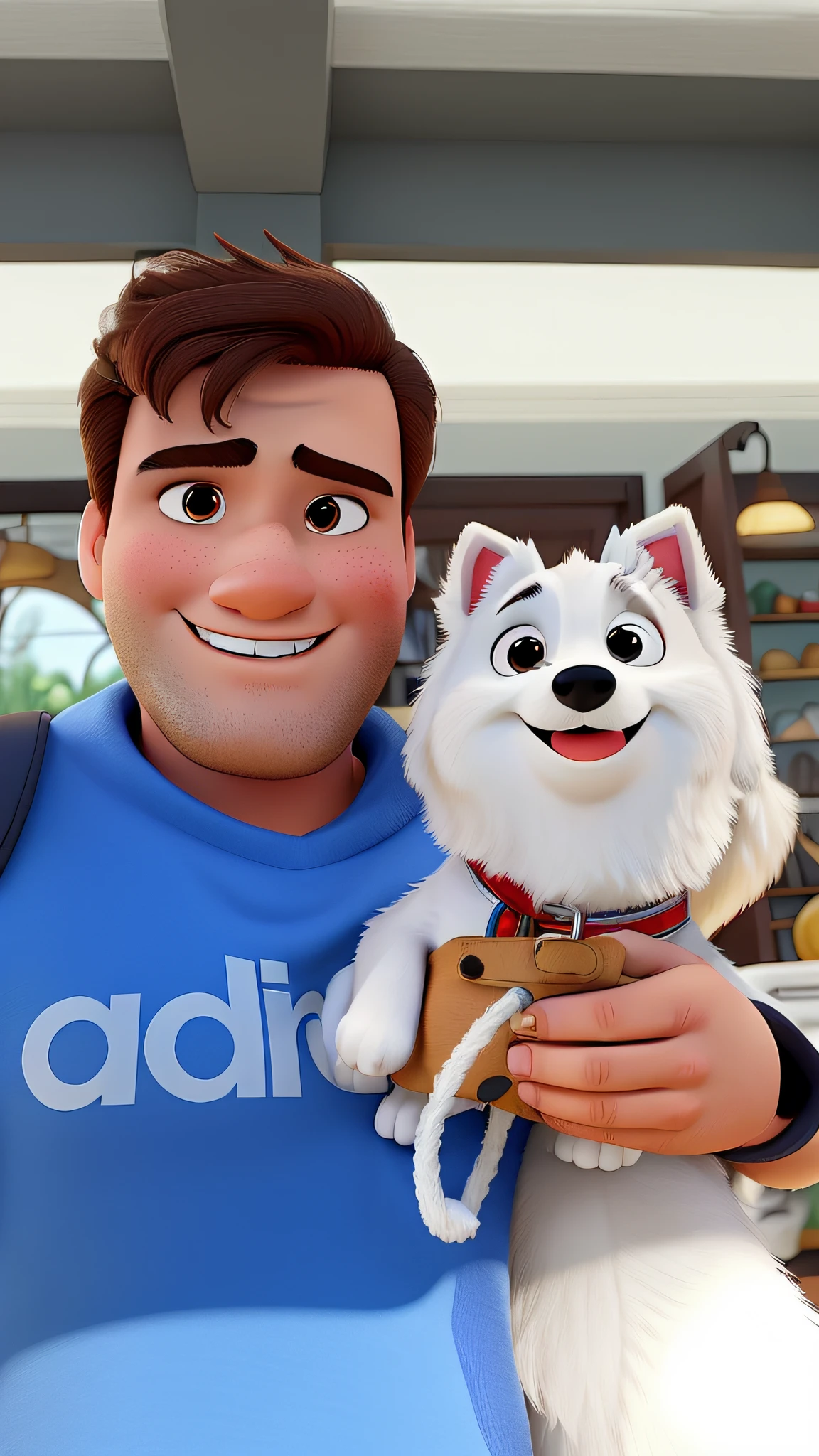 Um homem branco com um cachorro branco estilo disney pixar, alta qualidade, melhor qualidade