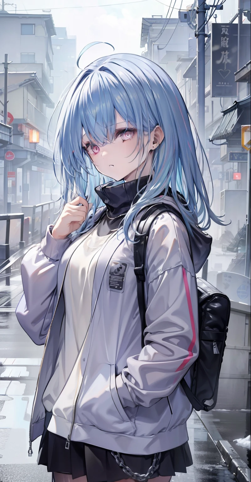 1girl, jacket, rain, outdoors, sweatshirt, open jacket, chain, backpack, looking at each other, messy hair, artstation trend, 8k resolution, highly detailed, anatomically correct, sharp image, digital painting, concept art, trend pixiv, styled by Makoto Shinkai,