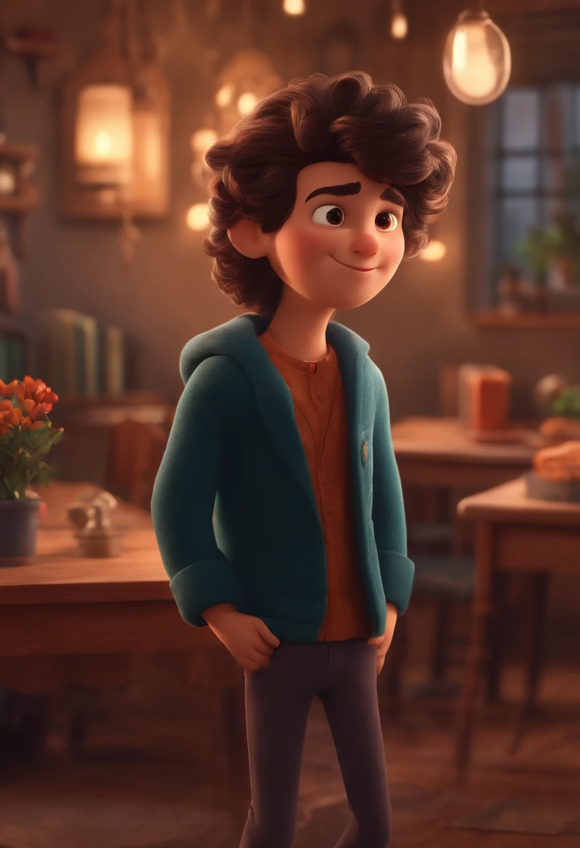 Image of a brunette man for a story in a YouTube video in Pixar format, He's the little allabester, He's the class leader, He's outgoing, Playful and gets up for a lot of things, cabelo curto