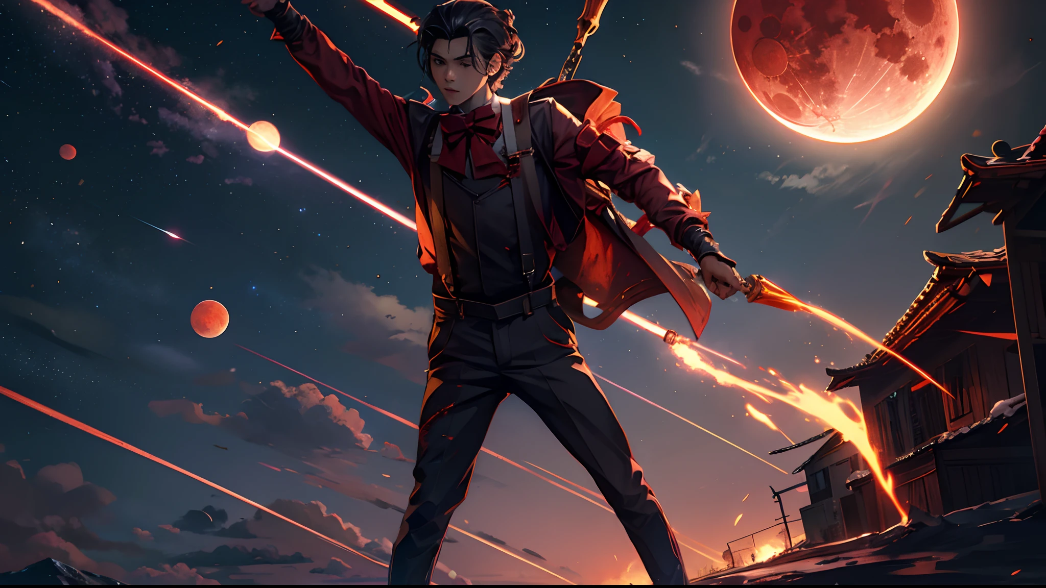 Blood Moon,meteors,As estrelas,Boy student,dark cloude,middle parted hairstyle,Suspenders