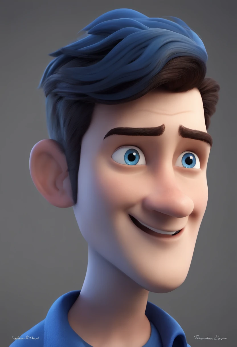 Um bonito de 4 anos feliz sentado cabelo curto e arrepiado , segurando um brinquedo, vestindo uma camisa azul ,, fundo branco, barnet, Tom, Estilo Pixar, ....3d, desenhos animados, rosto detalhado, asymmetrical 16k