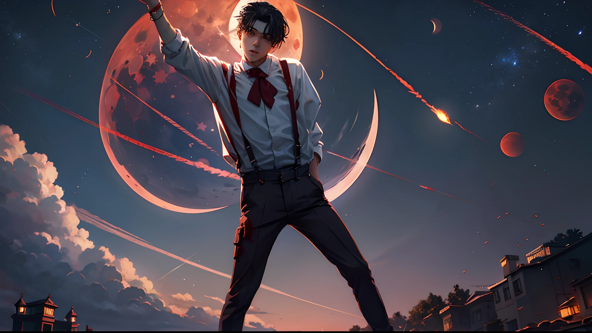 Blood Moon,meteors,As estrelas,Boy student,dark cloude,middle parted hairstyle,Suspenders