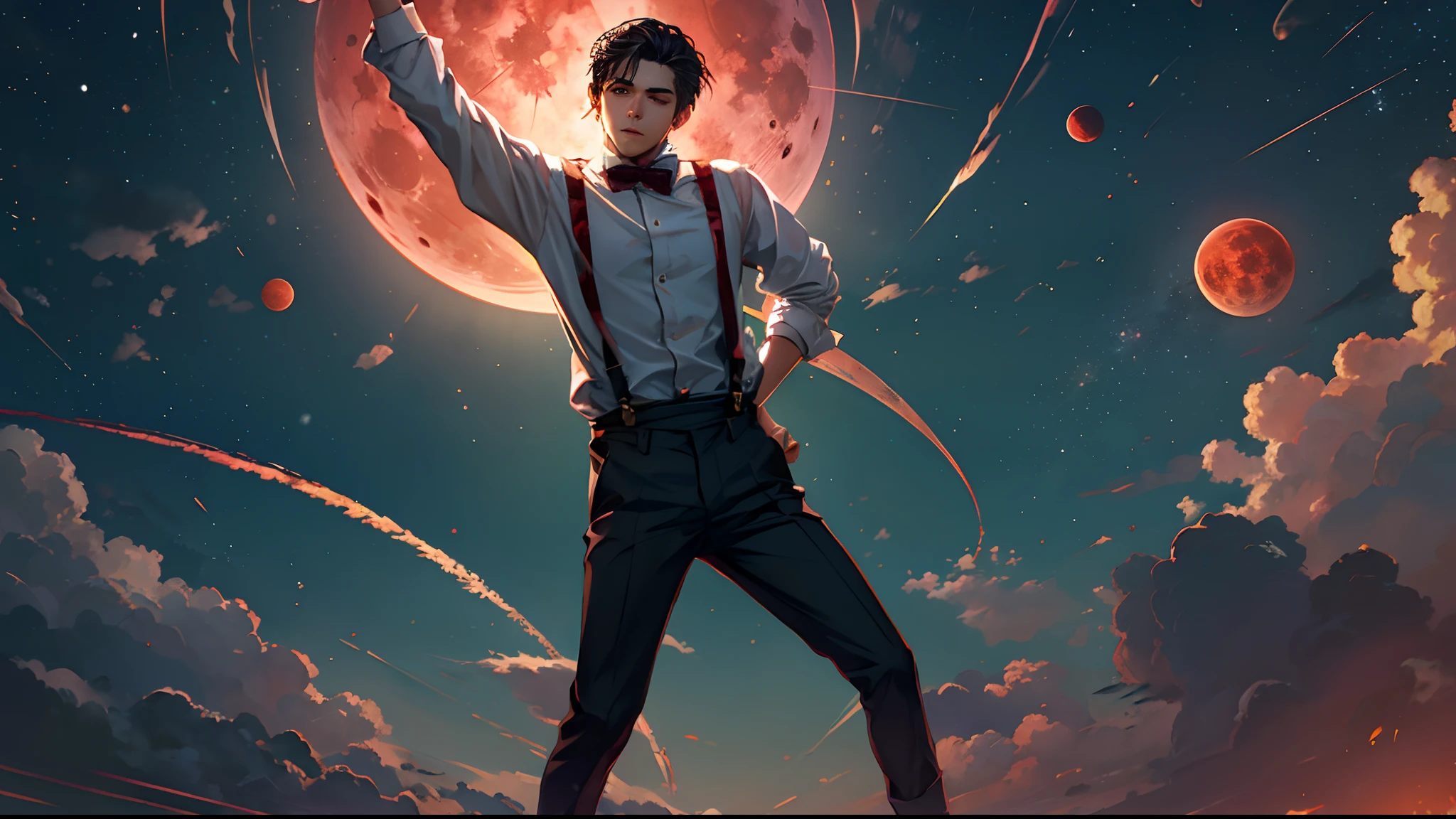 Blood Moon,meteors,As estrelas,Boy student,dark cloude,middle parted hairstyle,Suspenders