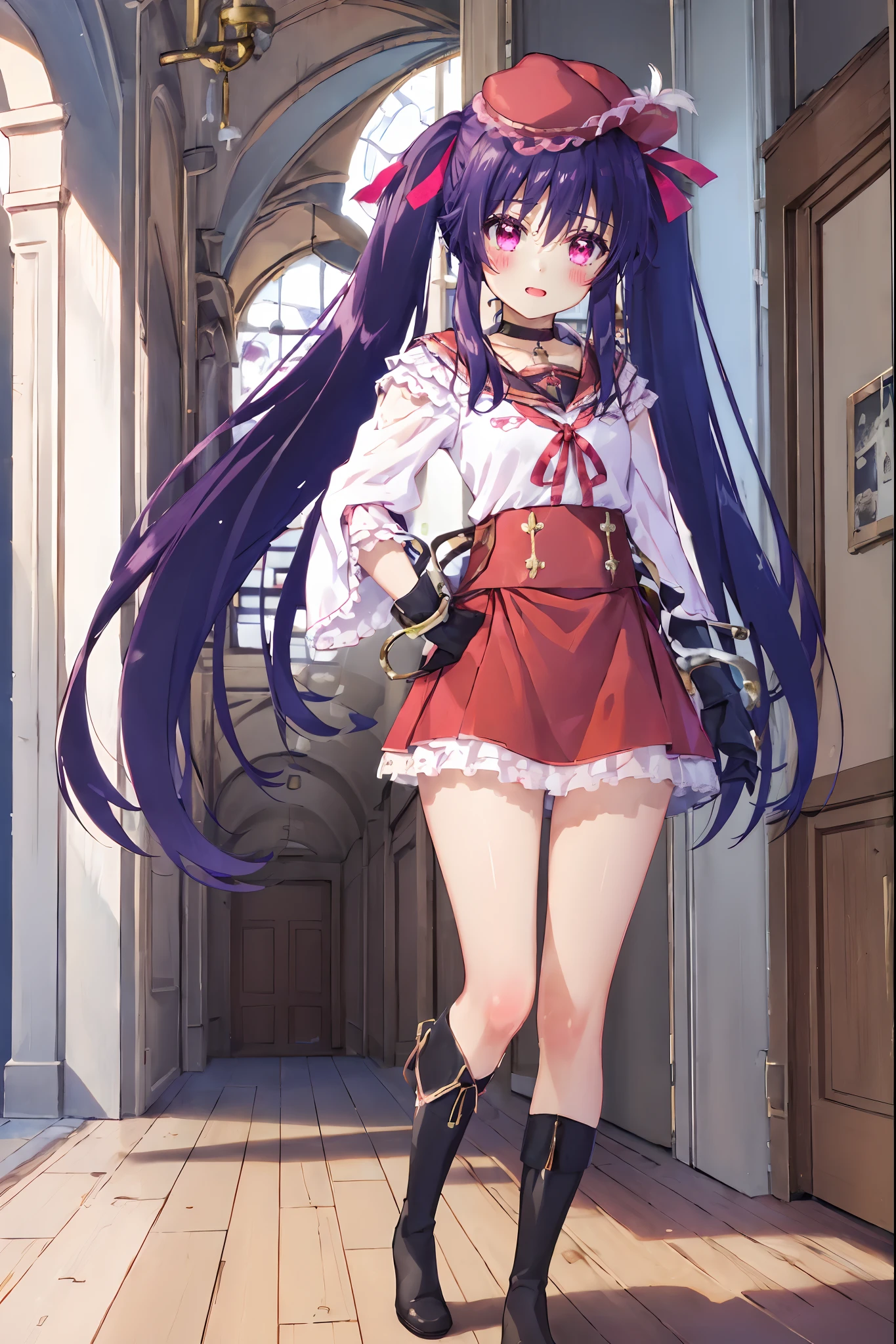 masterpiece, best quality, blush, 1girl, cowboy shot, solo, ebikurumi, long hair, twintails, open mouth, fang, purple eyes, purple hair, knee pads, edgMousquetaire costume hat,feather on hat wearing edgMousquetaire,  striped gloves, black choker, suspenders, hair ribbon, smile, indoors, school hallway, looking at viewer, depth of field, boots, full body, holding rapier