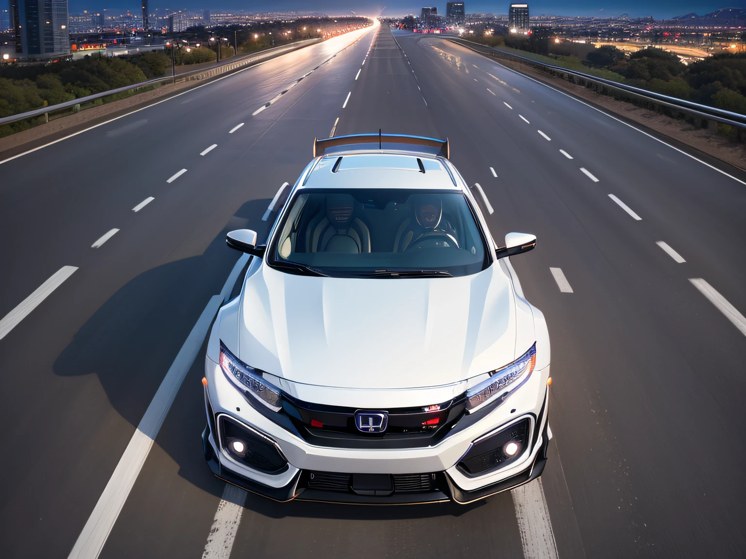 超A high resolution、An ultra-high picture quality、8K、Detailed details、marvelous expression、Big city at night、 Honda Civic TypeR(Metallic White)Driving on the highway、Turn on the headlights、Ride beautifully through the highway at night、