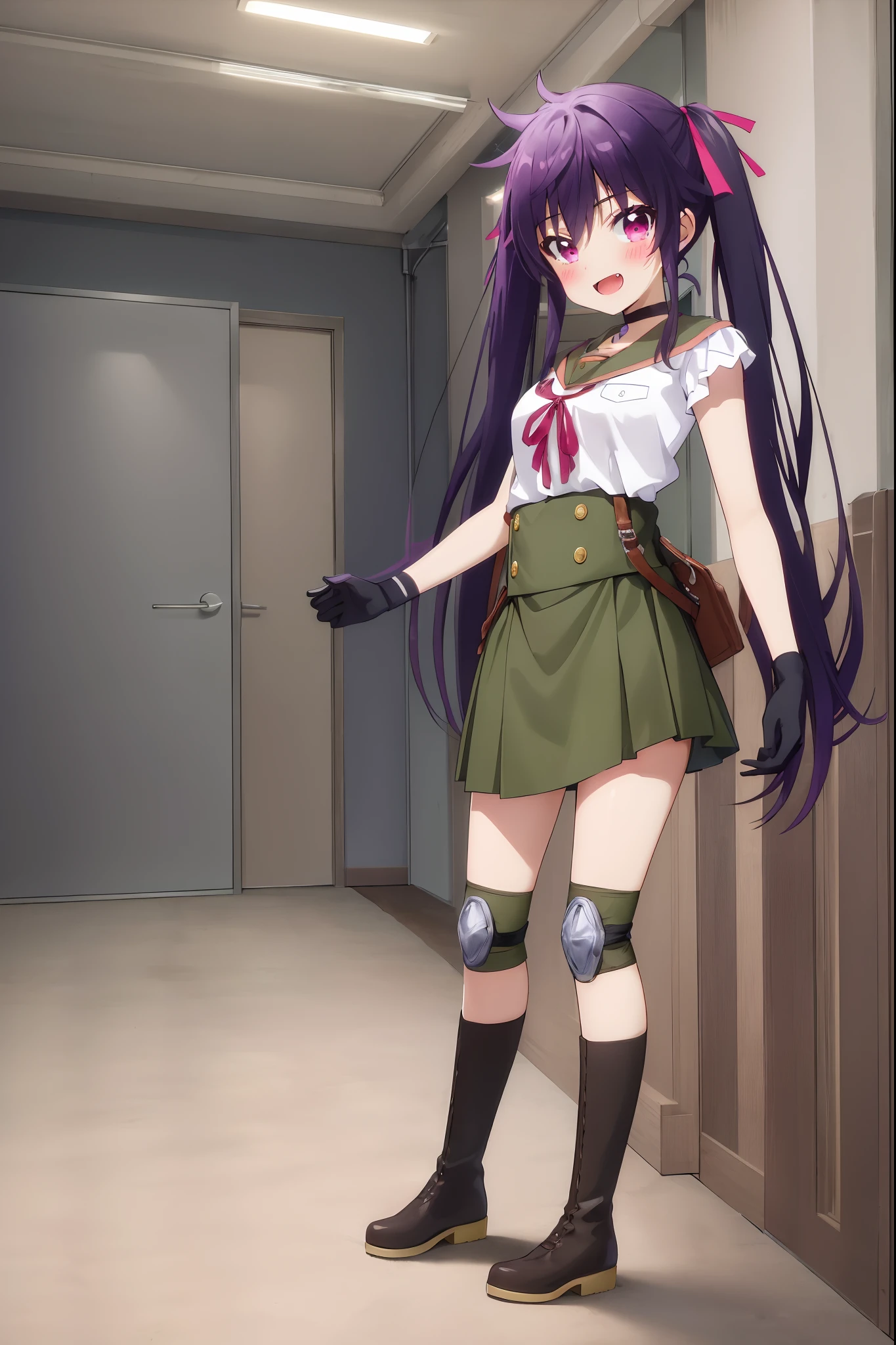 masterpiece, best quality, blush, 1girl, cowboy shot, solo, ebikurumi, long hair, twintails, open mouth, fang, purple eyes, purple hair, knee pads, adventure cloths,, serafuku, green long skirt, pleated skirt, striped gloves, black choker, suspenders, hair ribbon, smile, indoors, school hallway, looking at viewer, depth of field, boots, full body