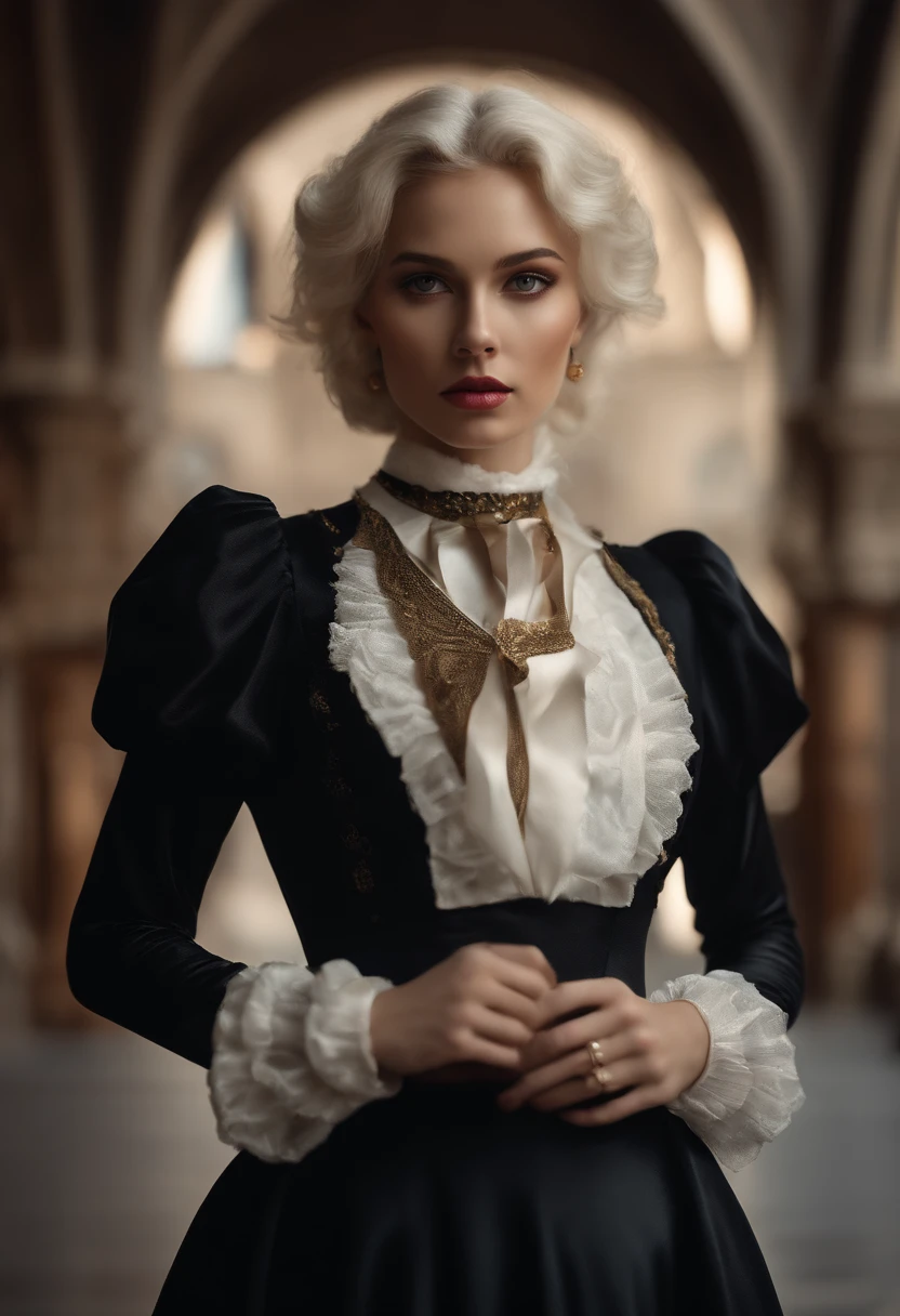 character white blond hair, amber eyes, sharp chin, plush lips
strict dress
ruff
gothic style,
golden shoes
detailed face features,
ultra high quality model,
big neck collar
cinematic surrealist portrait,
Fujifilm GFX 16mm F4,
captivating hard,
cinematic shot,
warm black colors,
satisfying atmosphere,
captivating scene,
realist aspect,
impressive,
high (definition, resolution, detailed, uality photo), photorealistic,