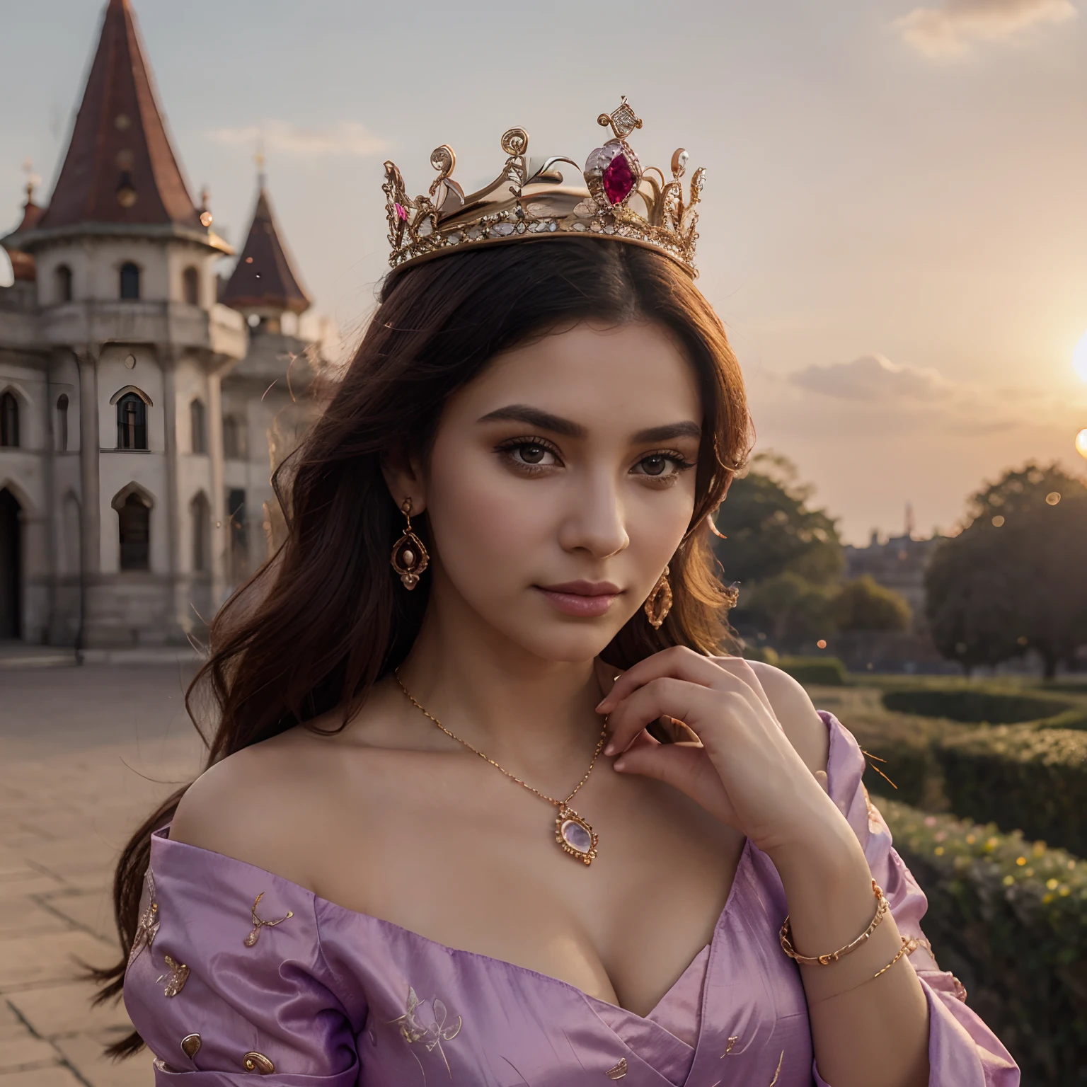Godness, jewellery, attentive, real, cute, queen, add some jewellery, add a beautiful crown, hair purple pink , background: palace, beautifu sky sun set.