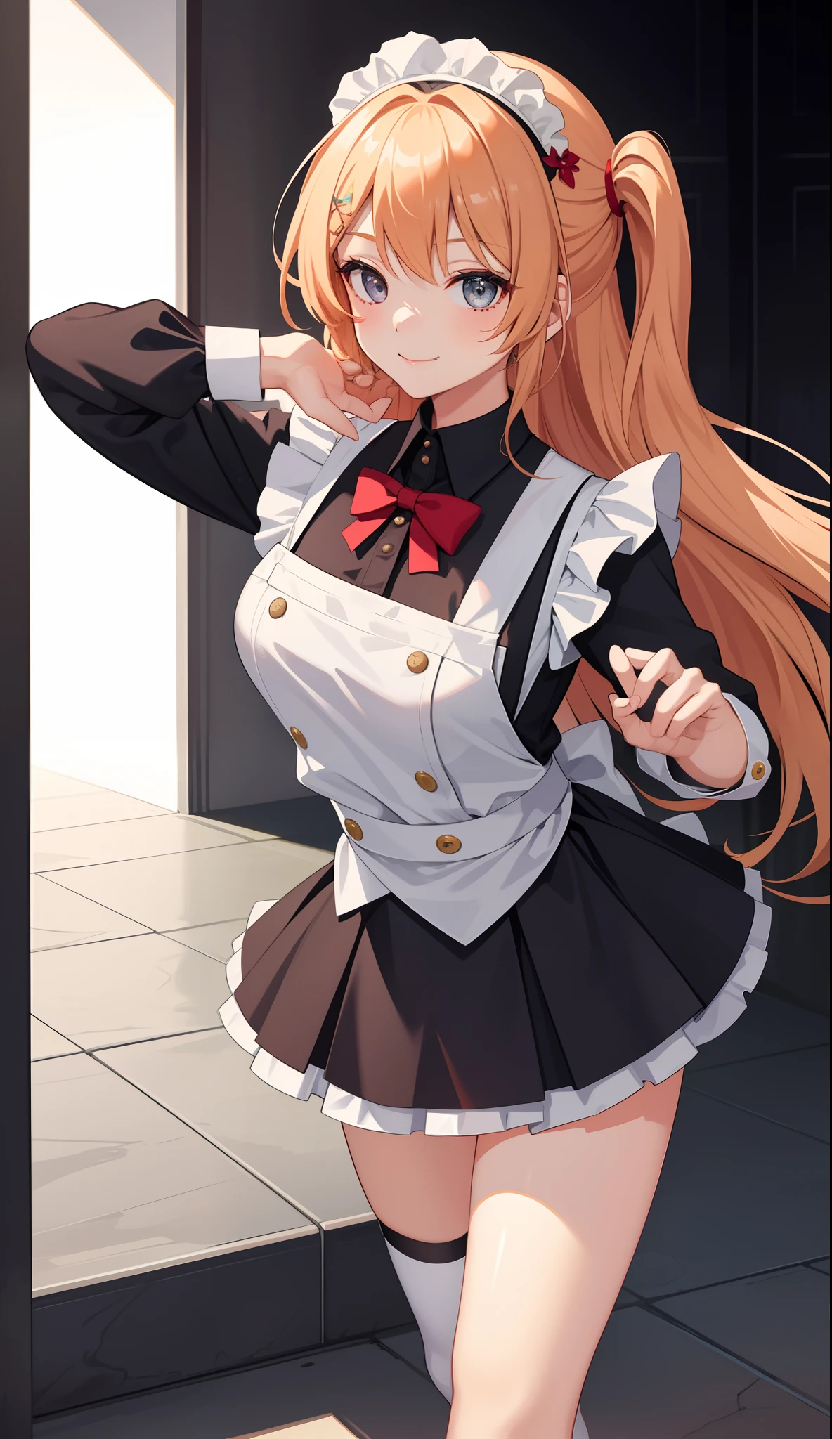 1girl in、AS-Adult、A smile、The shirt、skirt by the、(small tits)、doress、pinafore、Hair decoration、(Maid costume)、Walking with a thigh、Upper body portrait、movement、